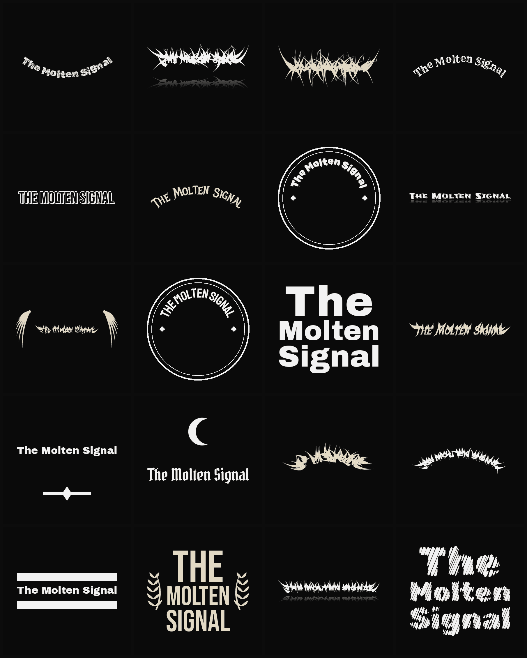 Twenty The Molten Signal band logo ideas — different faces, treatments and spike settings