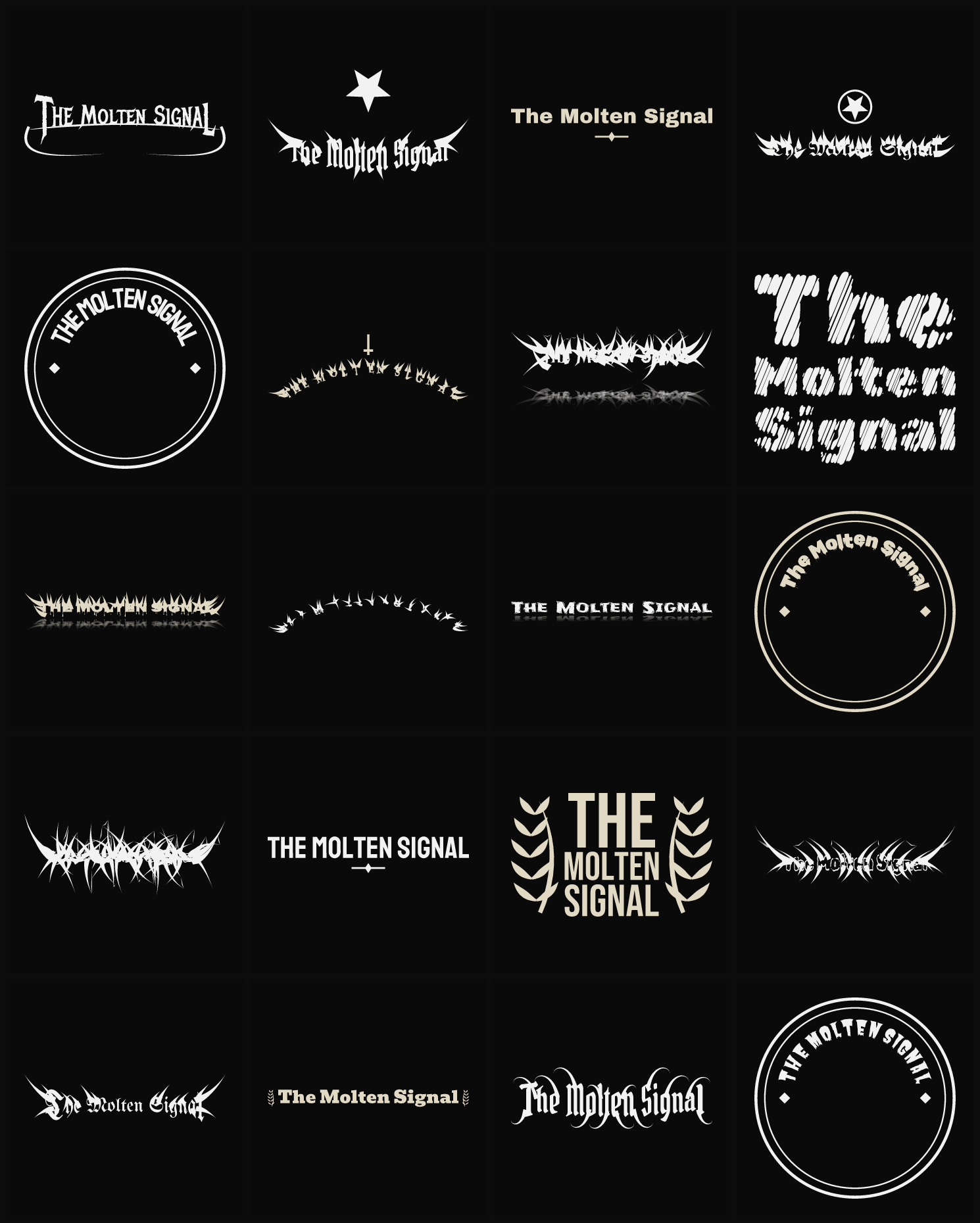Twenty The Molten Signal band logo ideas — different faces, treatments and spike settings