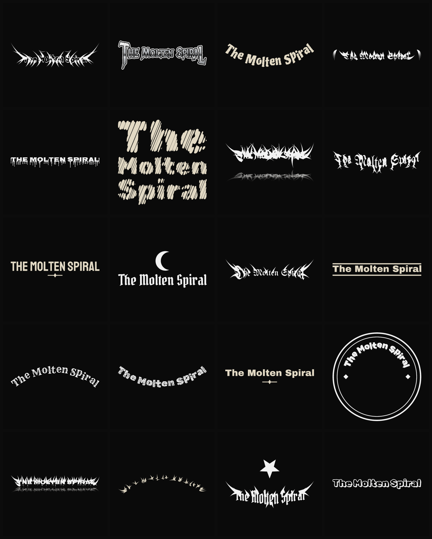 Twenty The Molten Spiral band logo ideas — different faces, treatments and spike settings
