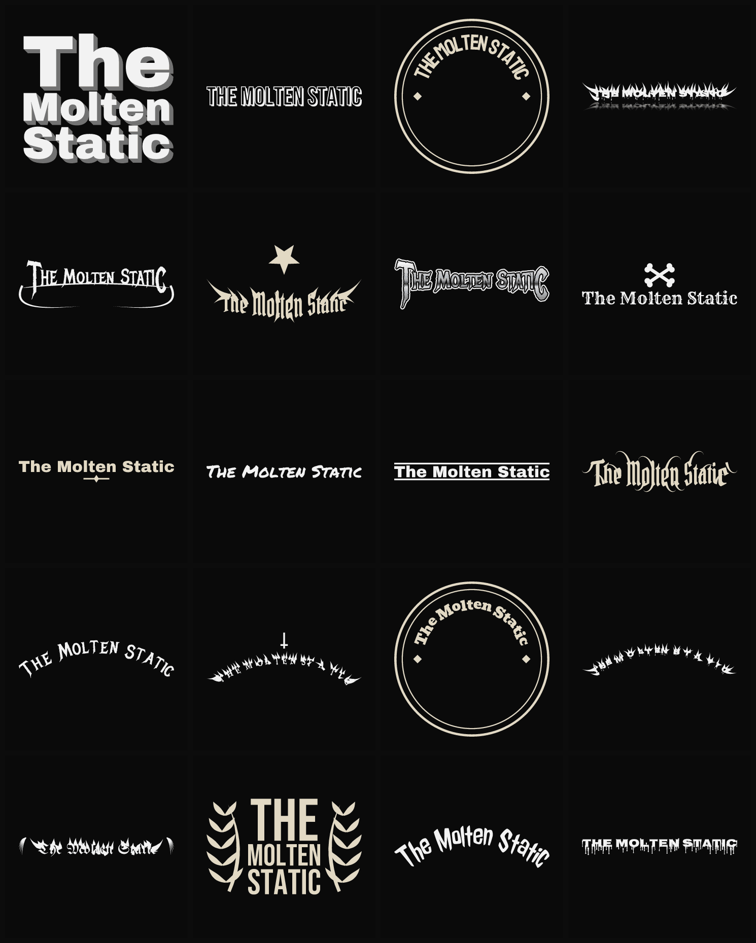 Twenty The Molten Static band logo ideas — different faces, treatments and spike settings