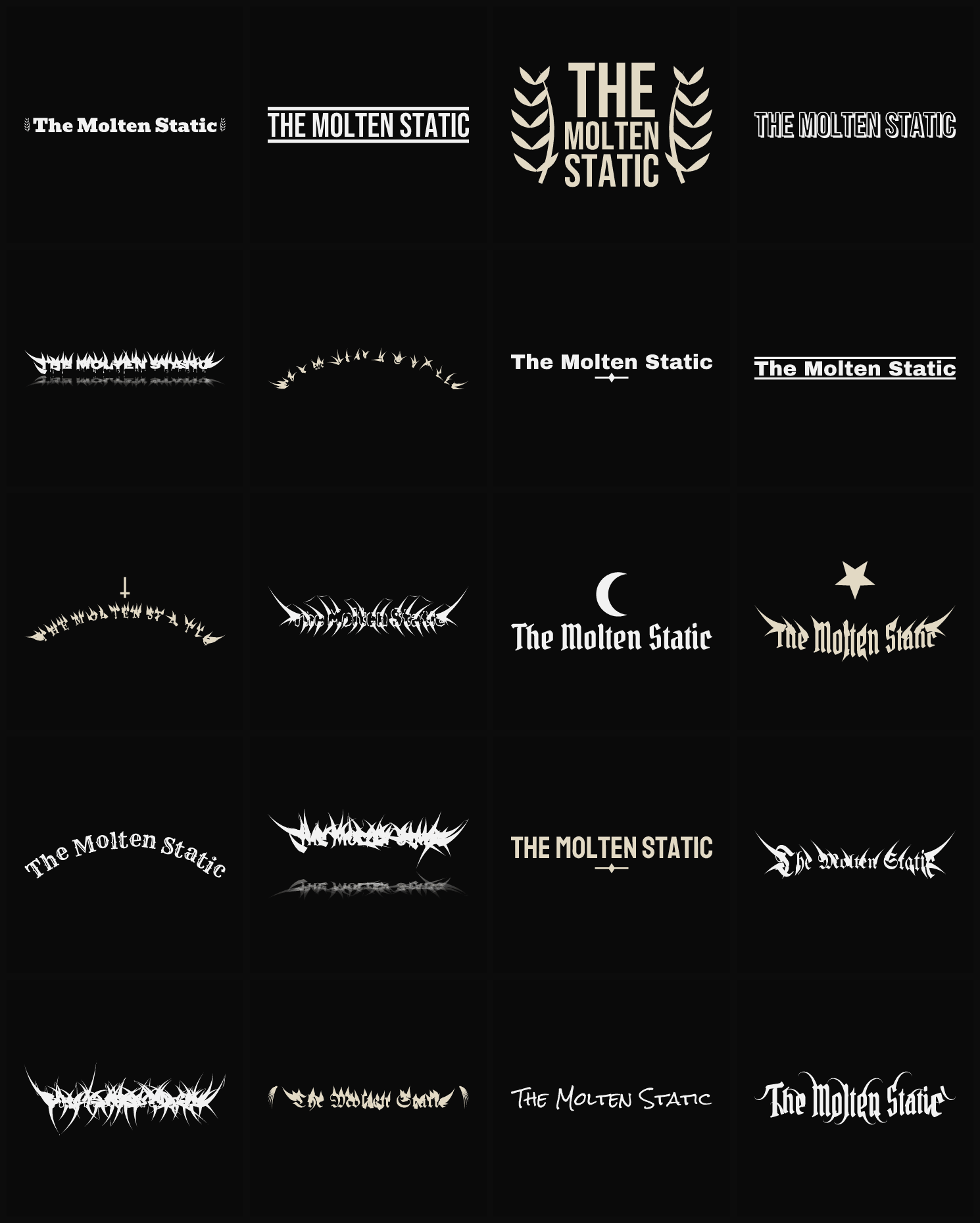 Twenty The Molten Static band logo ideas — different faces, treatments and spike settings