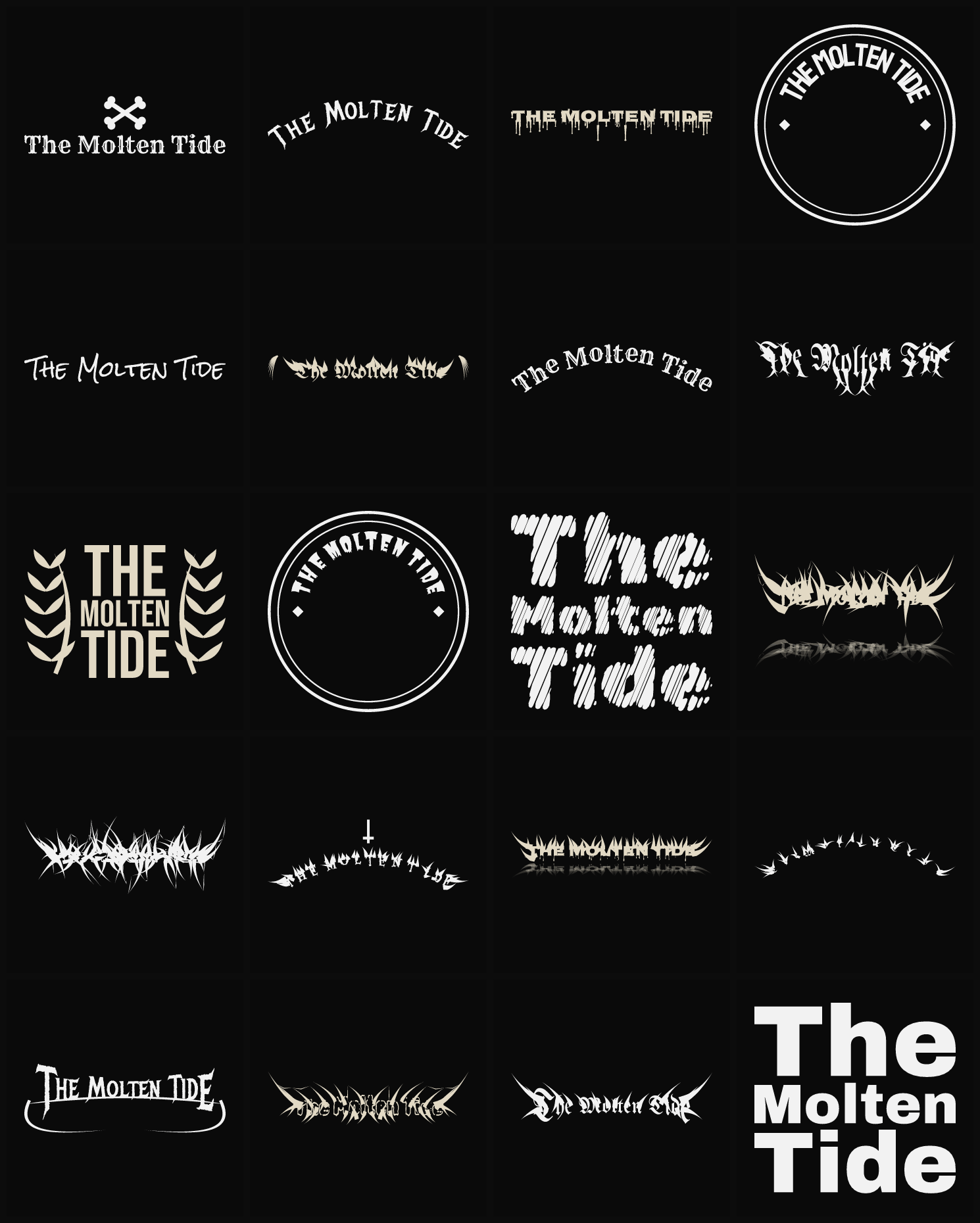 Twenty The Molten Tide band logo ideas — different faces, treatments and spike settings