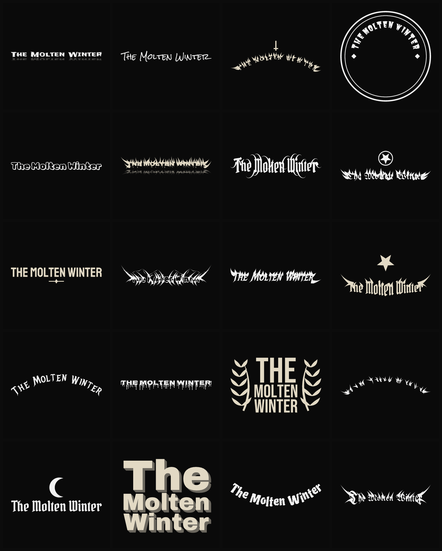 Twenty The Molten Winter band logo ideas — different faces, treatments and spike settings