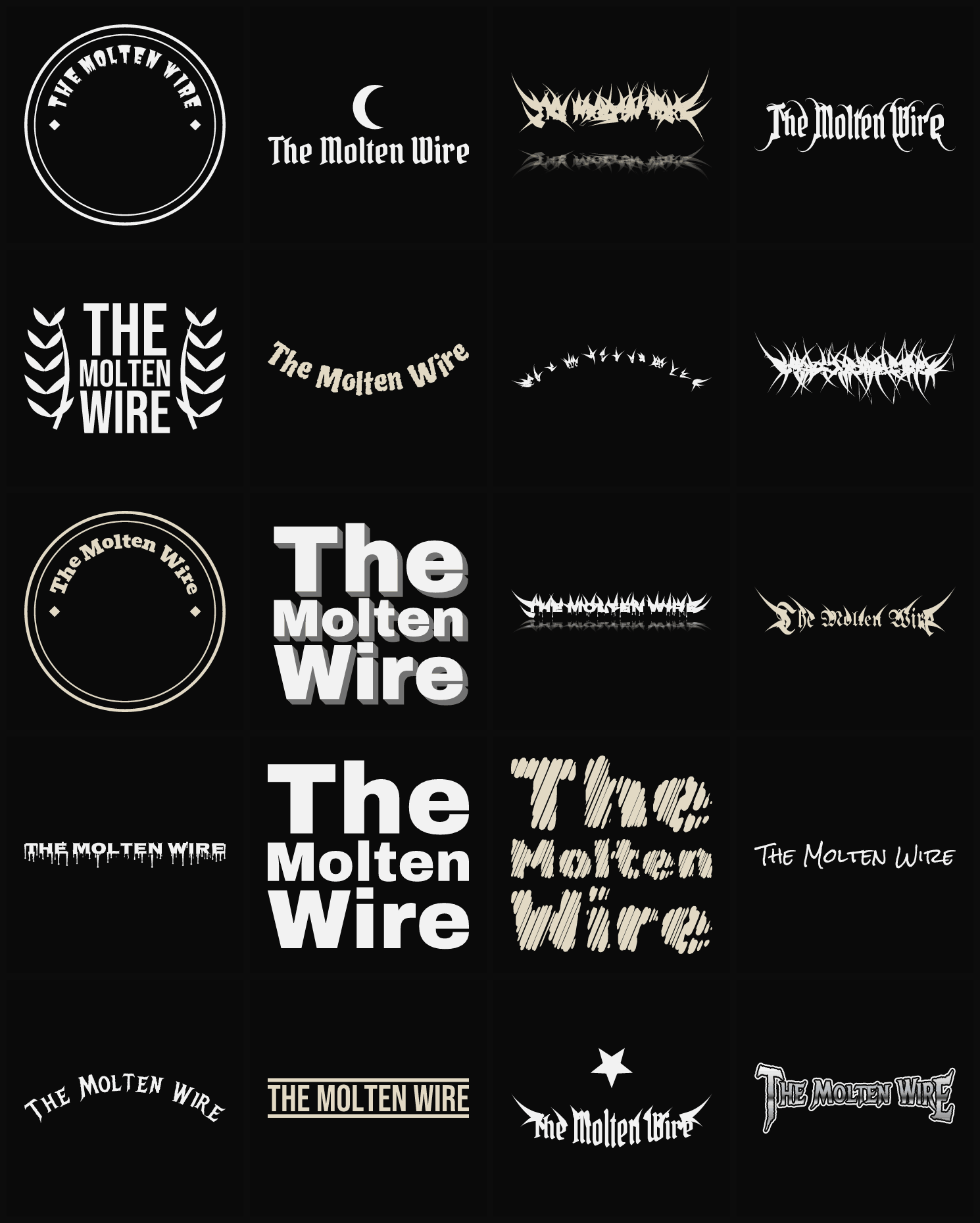 Twenty The Molten Wire band logo ideas — different faces, treatments and spike settings