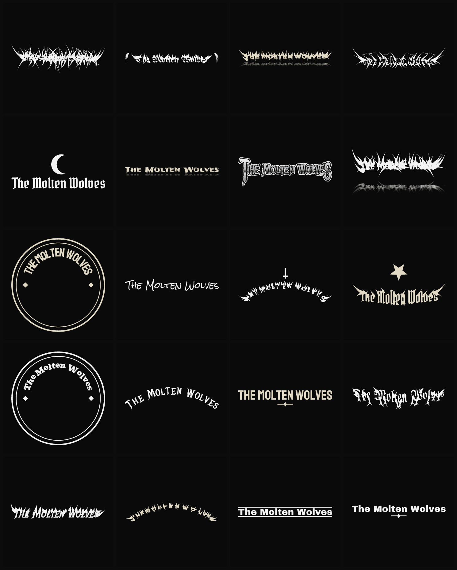 Twenty The Molten Wolves band logo ideas — different faces, treatments and spike settings