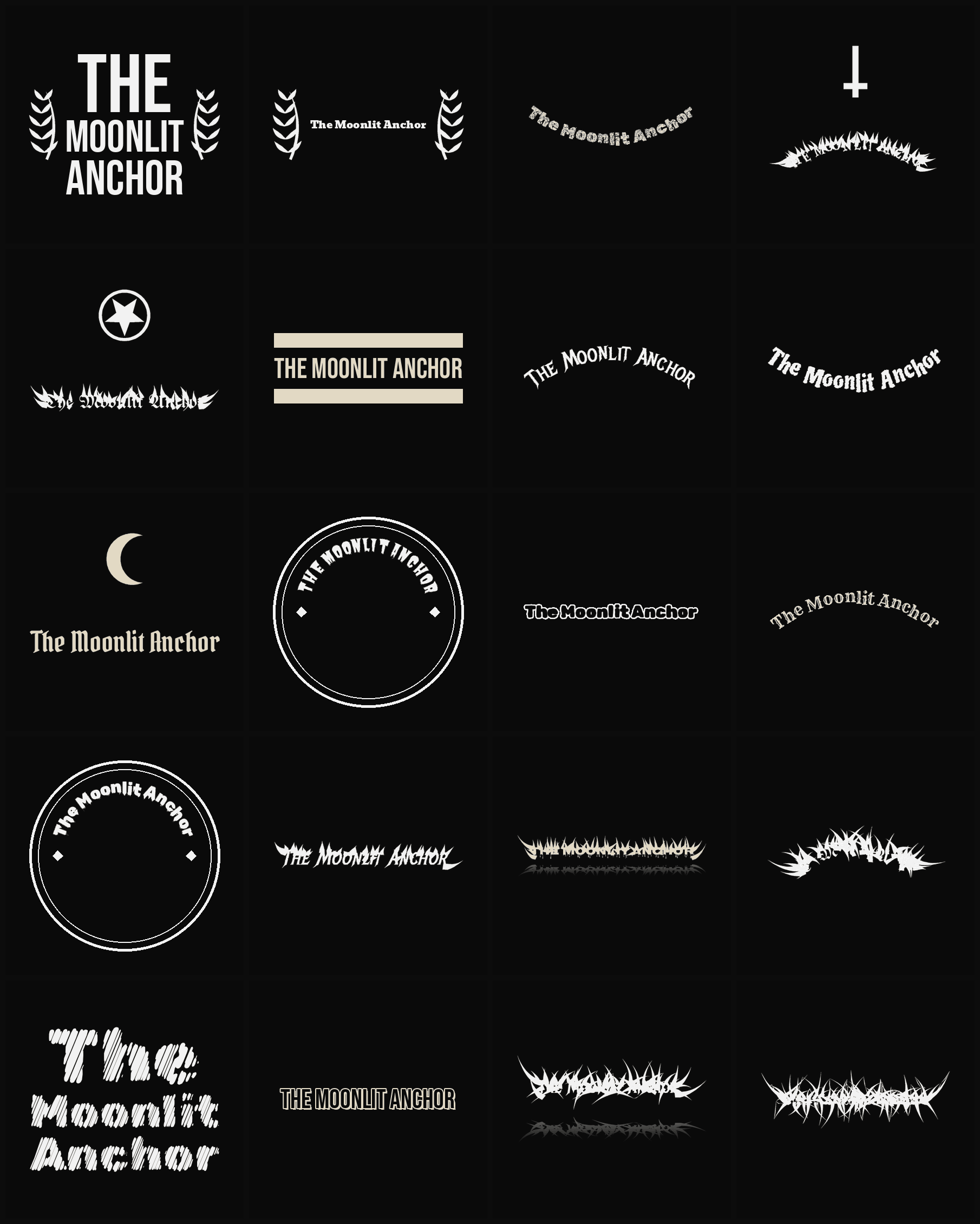 Twenty The Moonlit Anchor band logo ideas — different faces, treatments and spike settings