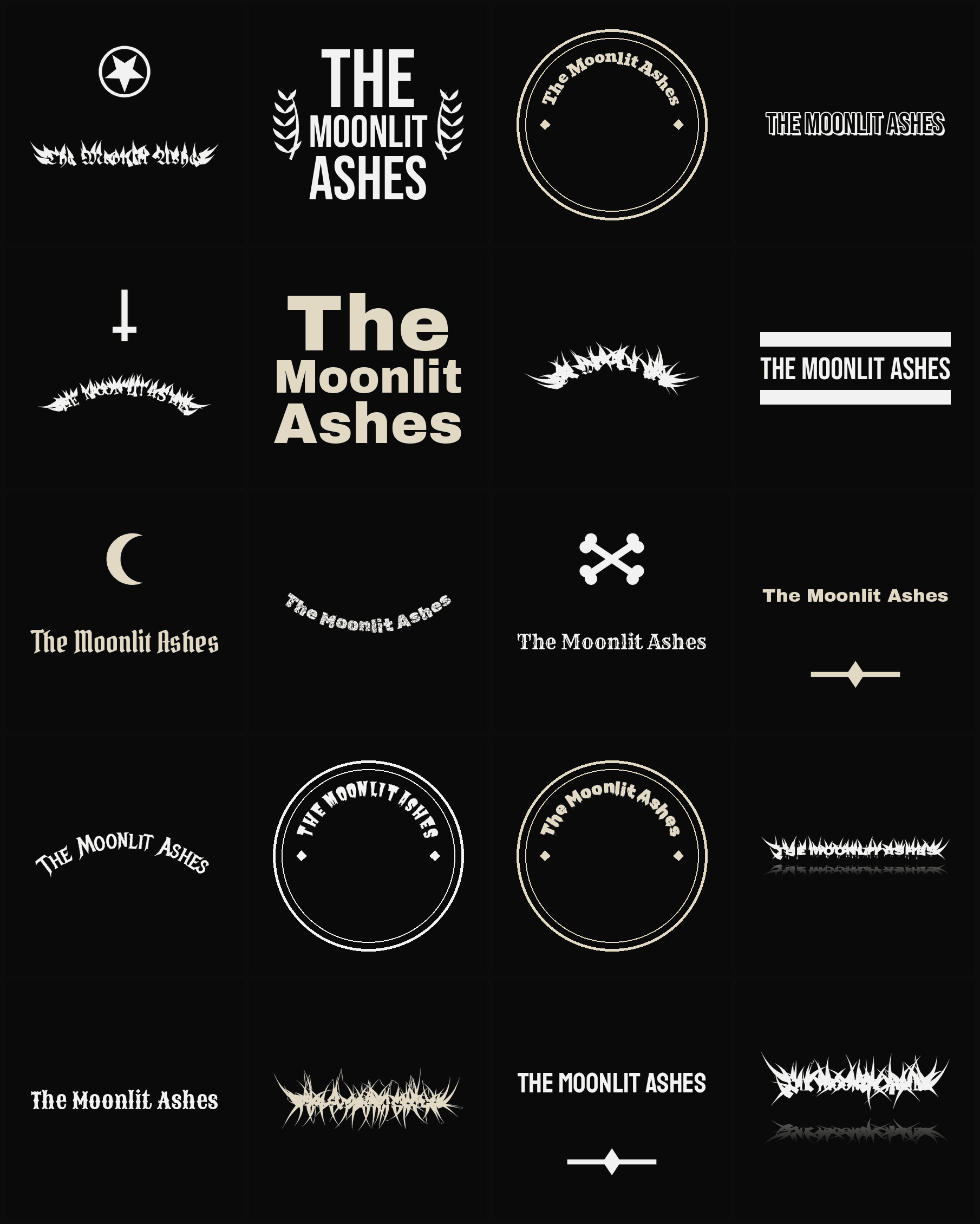 Twenty The Moonlit Ashes band logo ideas — different faces, treatments and spike settings