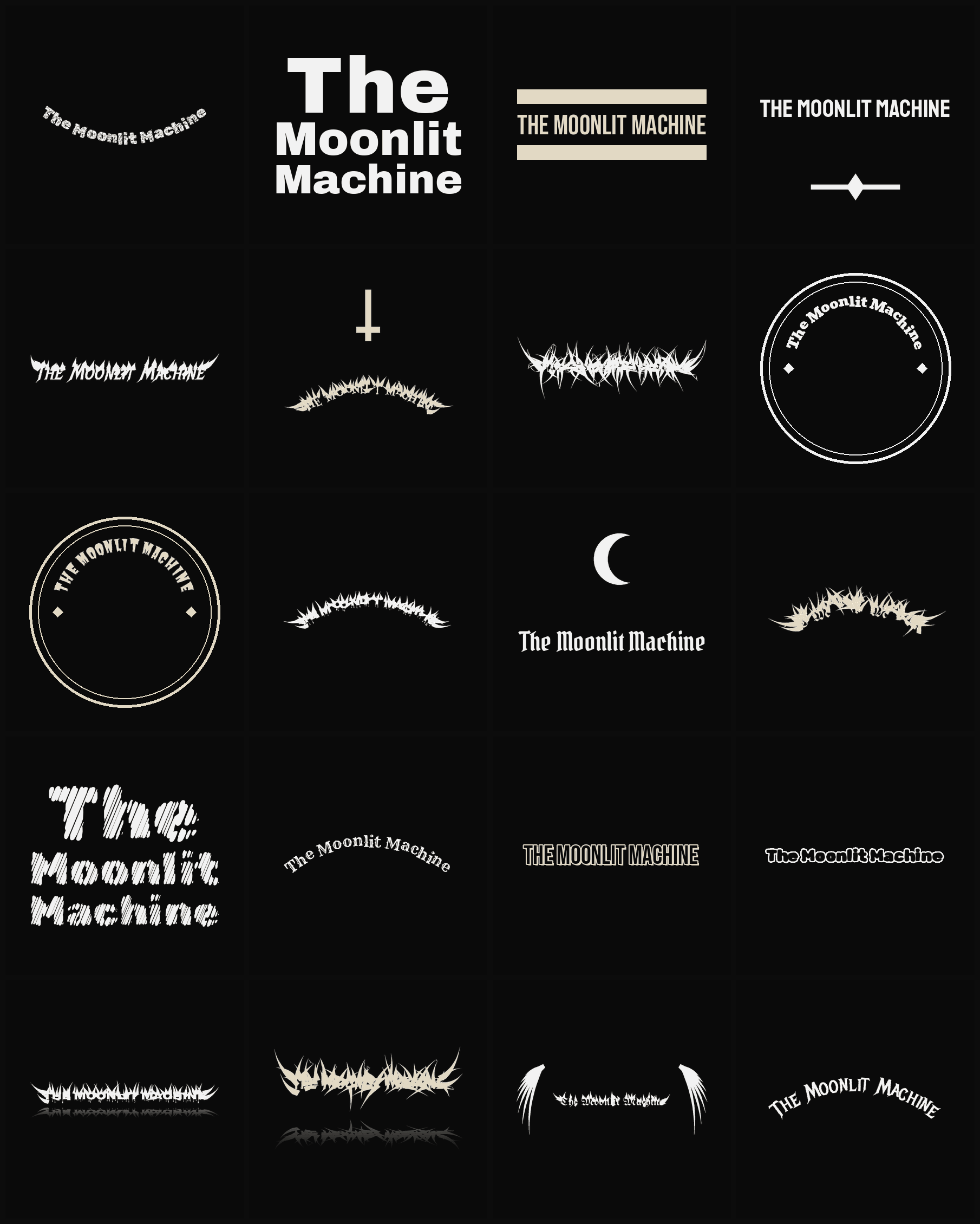 Twenty The Moonlit Machine band logo ideas — different faces, treatments and spike settings