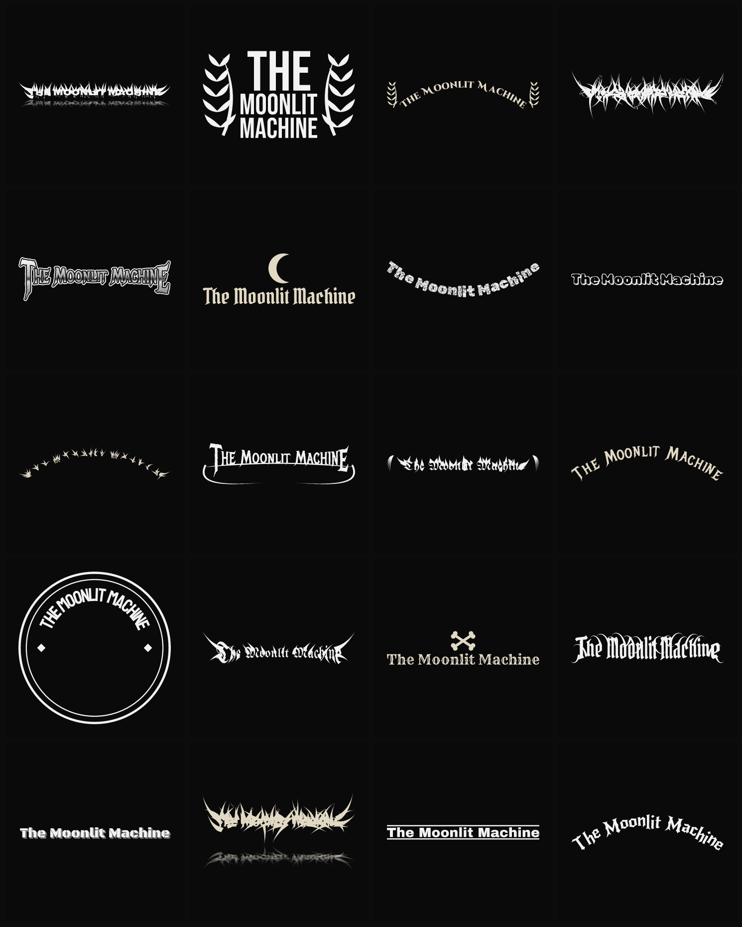 Twenty The Moonlit Machine band logo ideas — different faces, treatments and spike settings