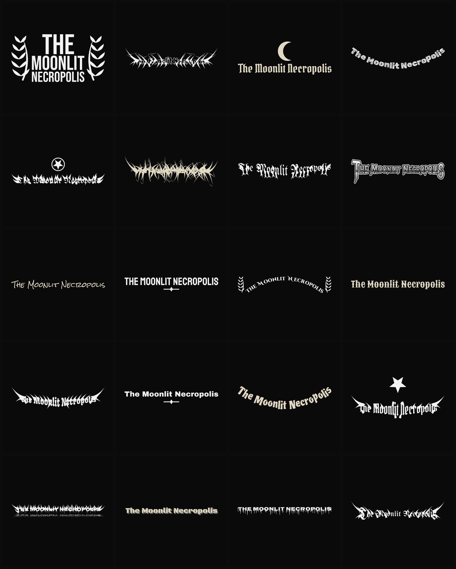 Twenty The Moonlit Necropolis band logo ideas — different faces, treatments and spike settings