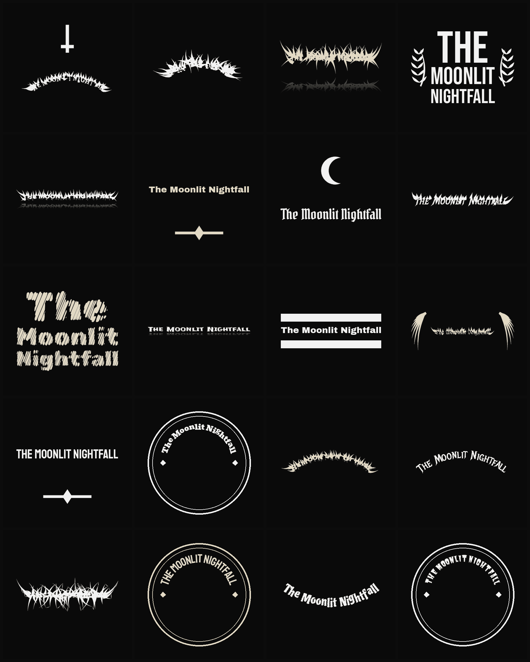 Twenty The Moonlit Nightfall band logo ideas — different faces, treatments and spike settings