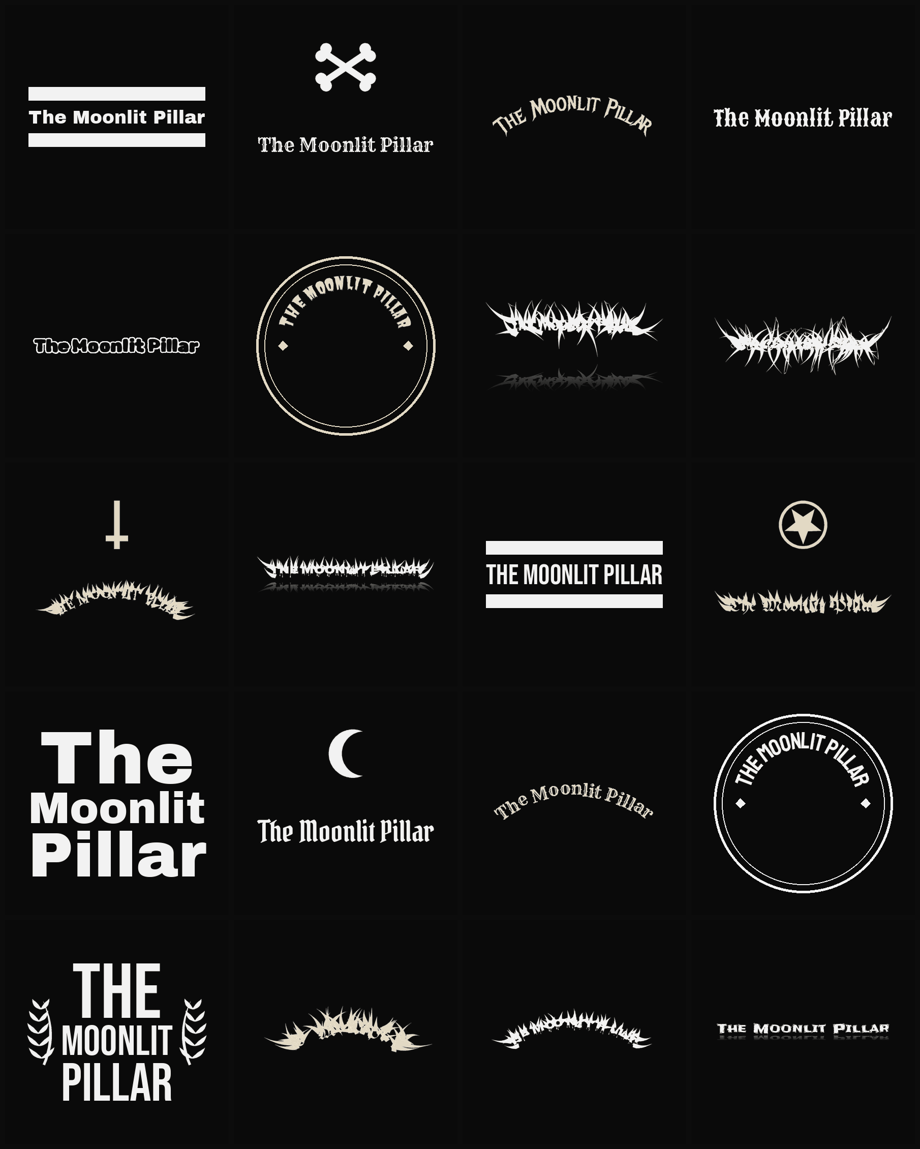 Twenty The Moonlit Pillar band logo ideas — different faces, treatments and spike settings
