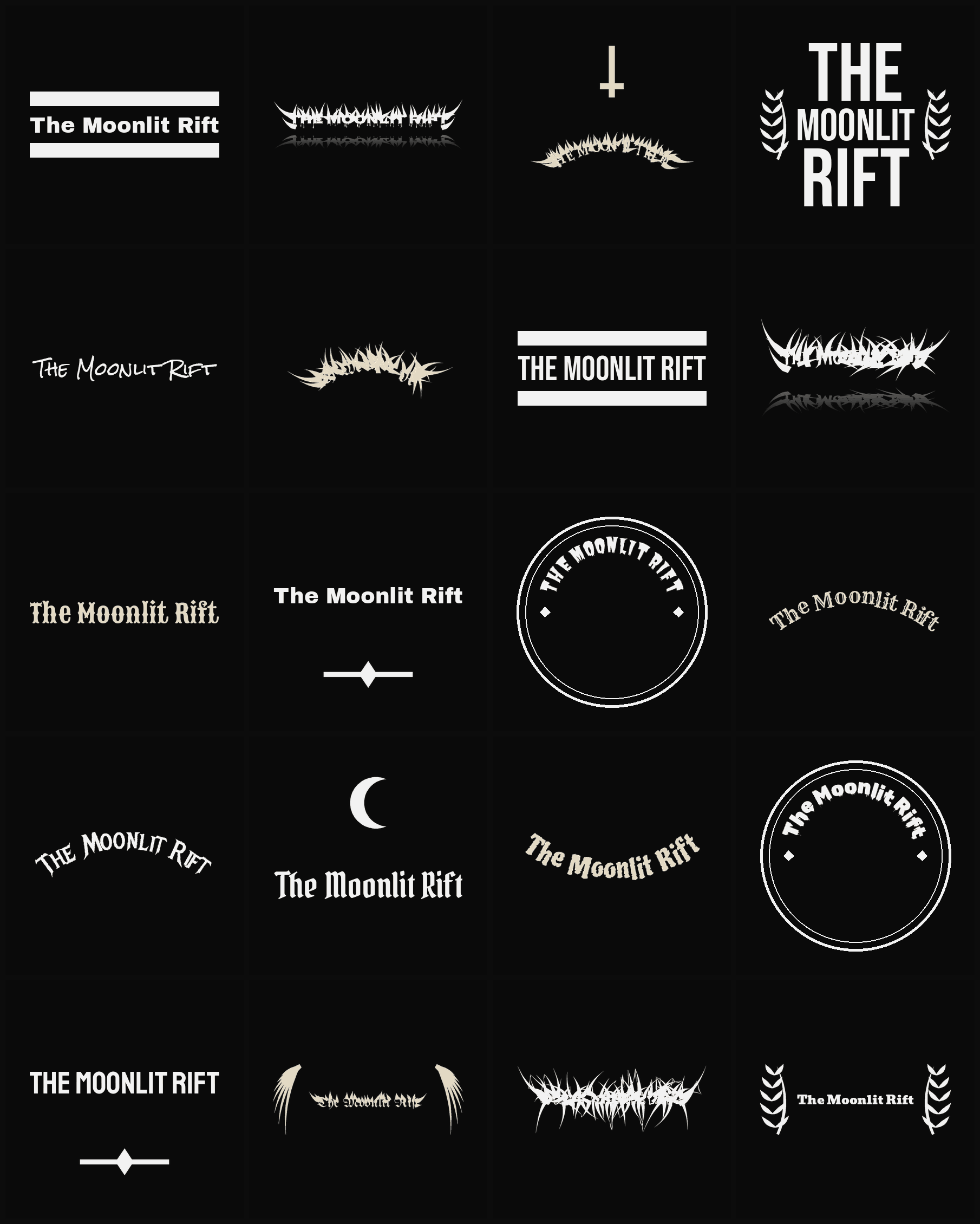 Twenty The Moonlit Rift band logo ideas — different faces, treatments and spike settings