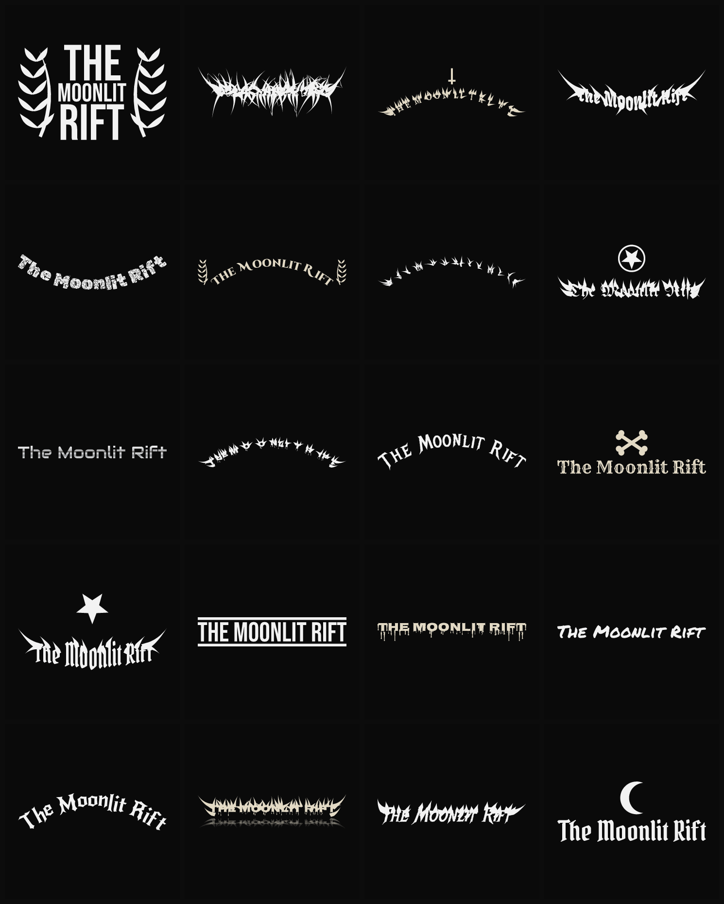 Twenty The Moonlit Rift band logo ideas — different faces, treatments and spike settings