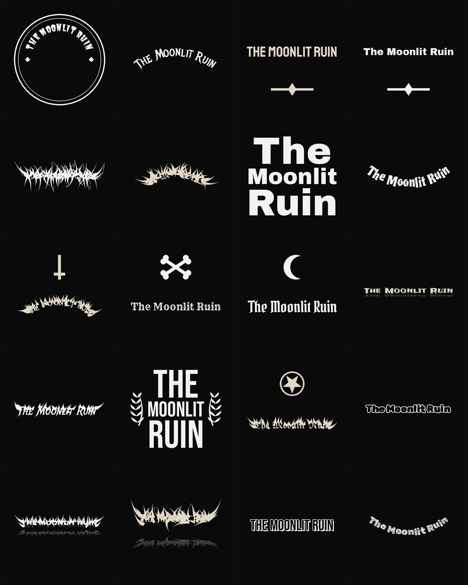 Twenty The Moonlit Ruin band logo ideas — different faces, treatments and spike settings