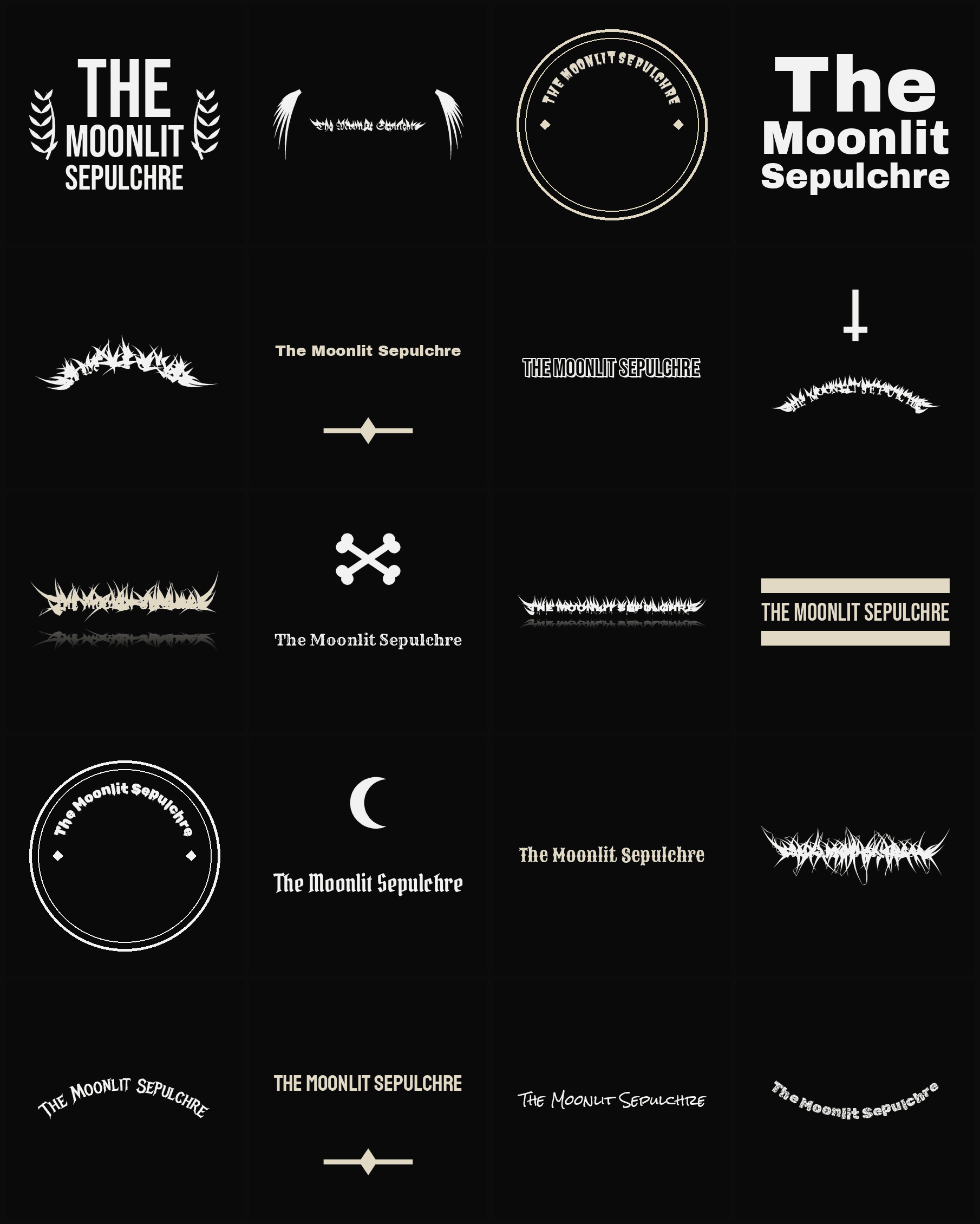 Twenty The Moonlit Sepulchre band logo ideas — different faces, treatments and spike settings