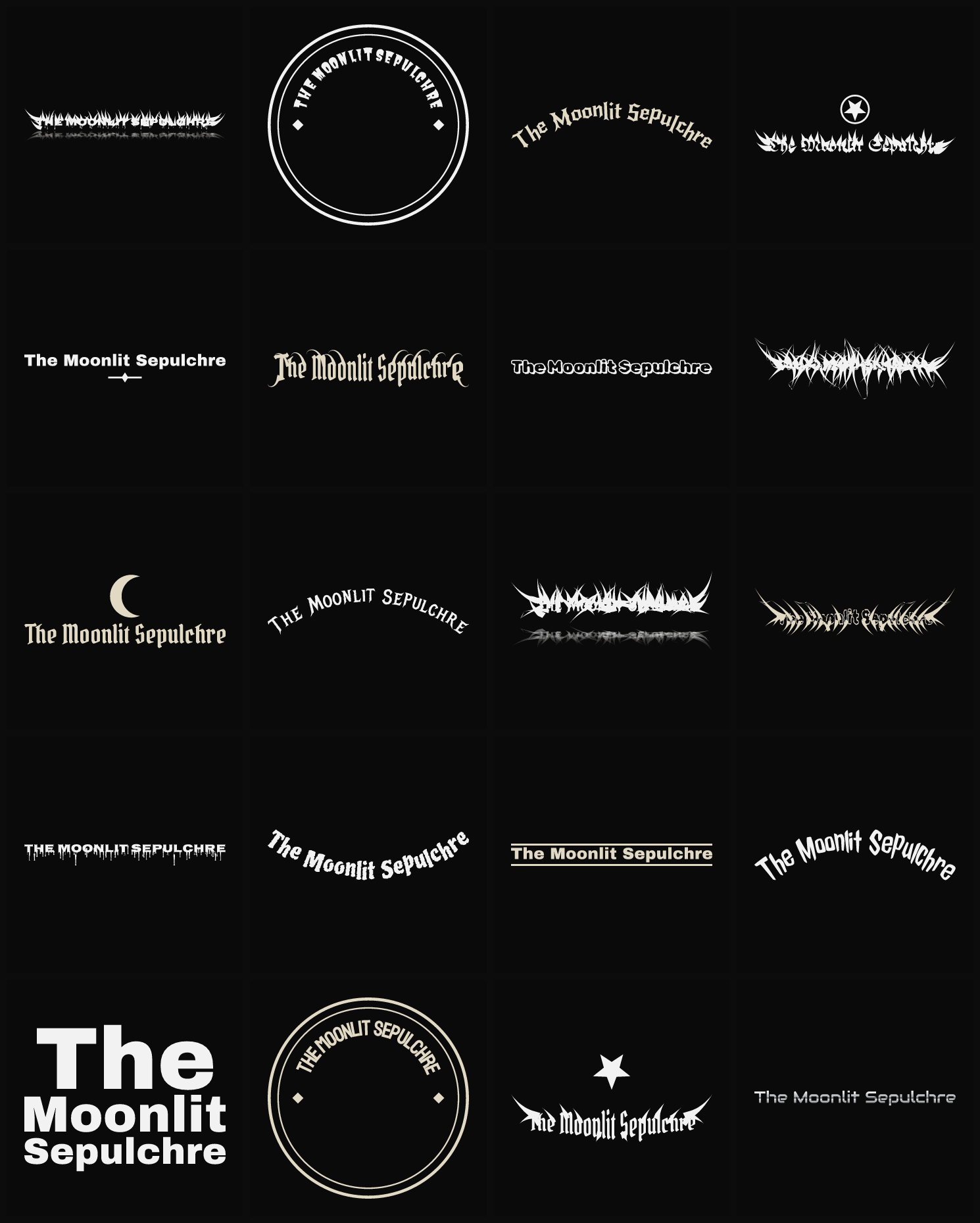 Twenty The Moonlit Sepulchre band logo ideas — different faces, treatments and spike settings
