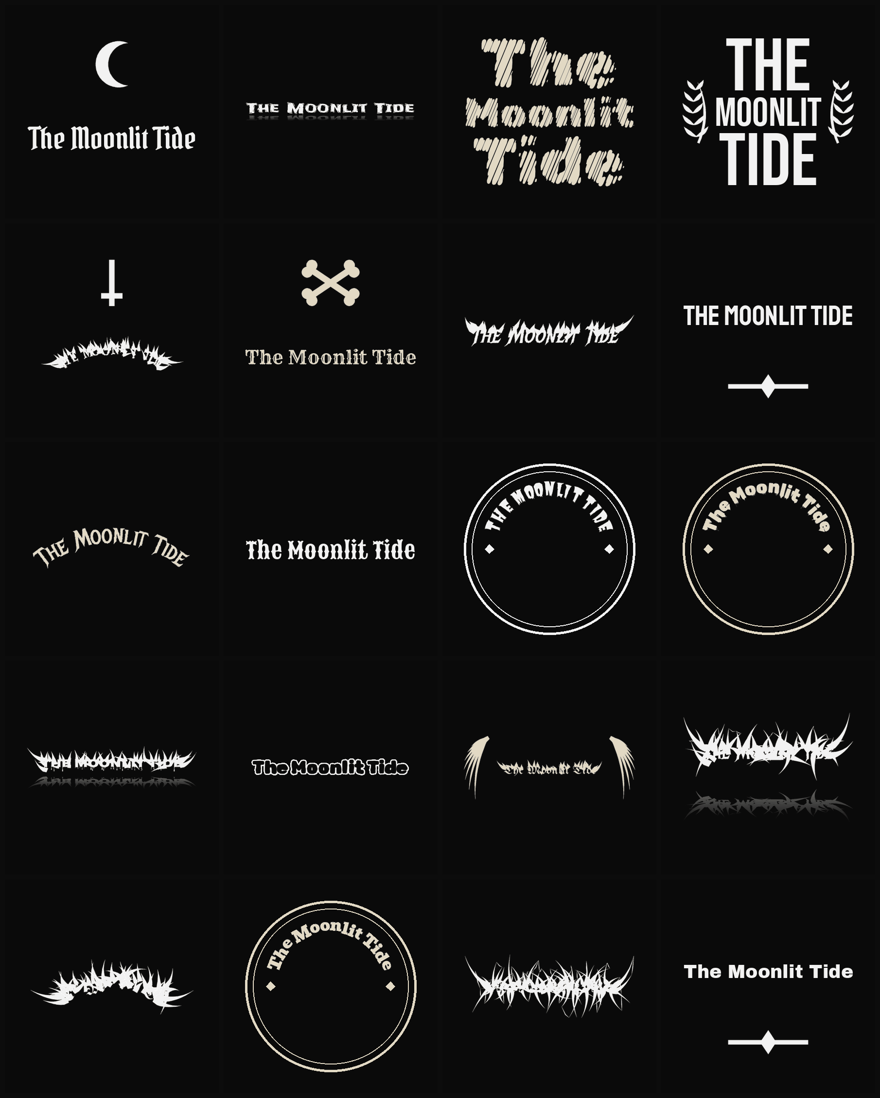 Twenty The Moonlit Tide band logo ideas — different faces, treatments and spike settings