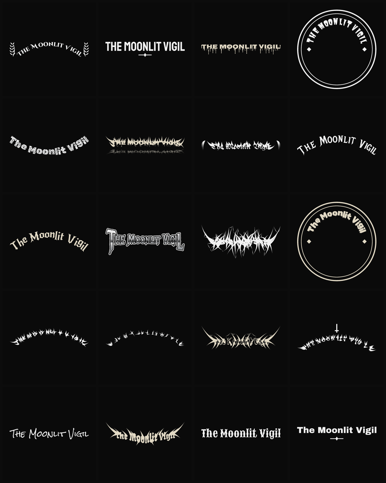 Twenty The Moonlit Vigil band logo ideas — different faces, treatments and spike settings