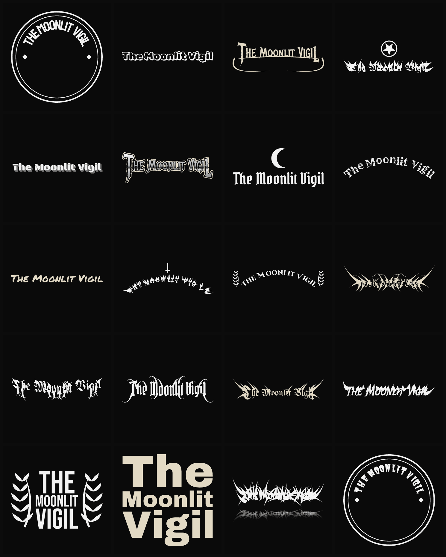 Twenty The Moonlit Vigil band logo ideas — different faces, treatments and spike settings
