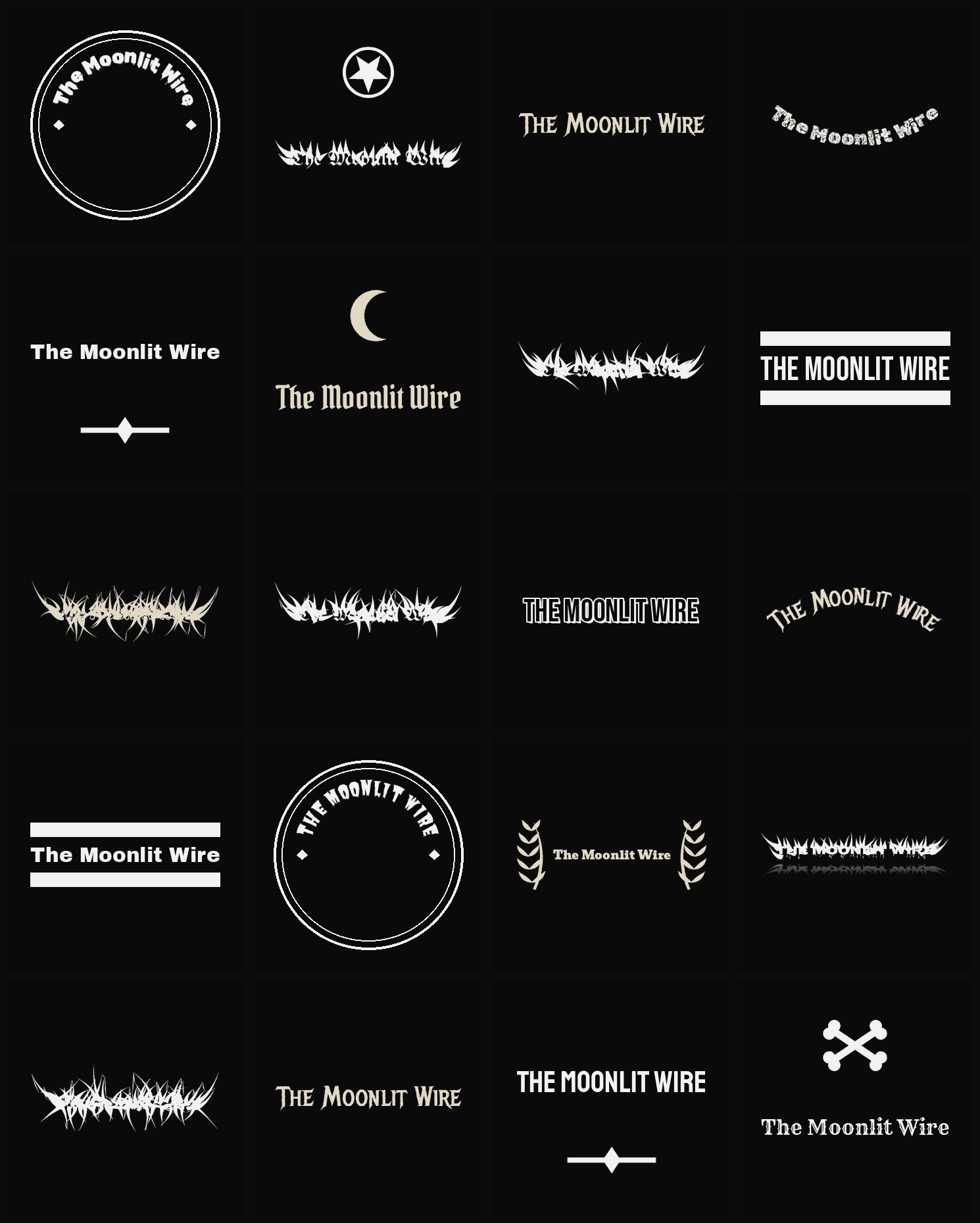 Twenty The Moonlit Wire band logo ideas — different faces, treatments and spike settings