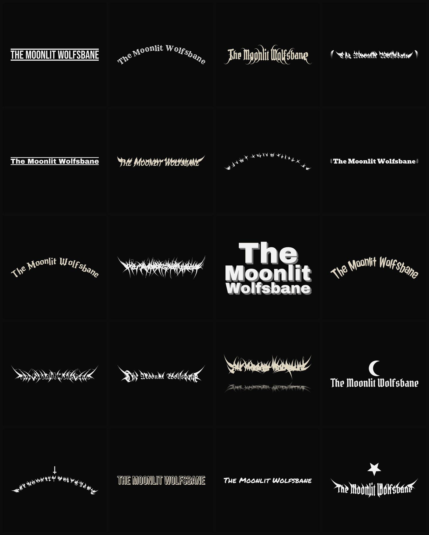 Twenty The Moonlit Wolfsbane band logo ideas — different faces, treatments and spike settings