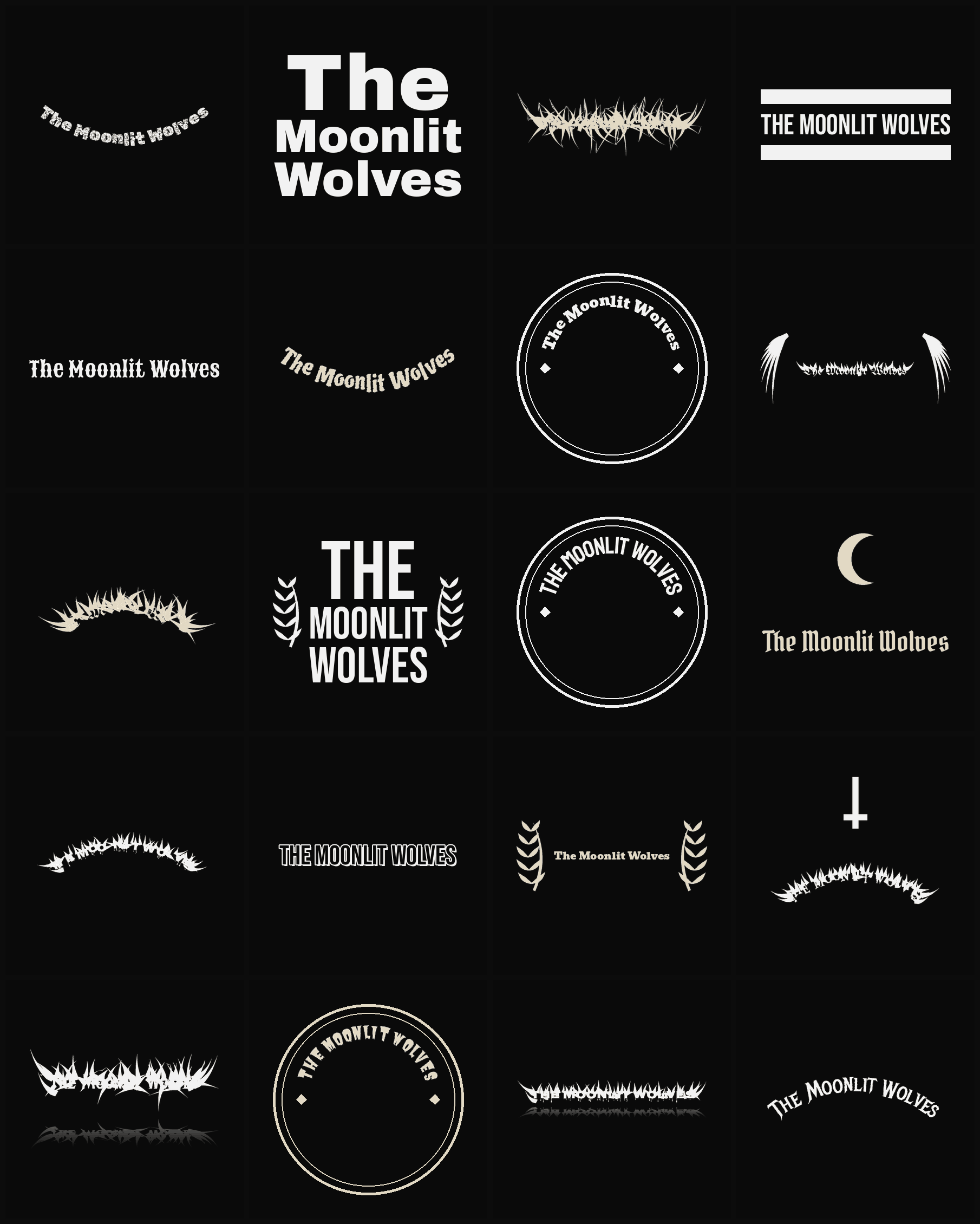 Twenty The Moonlit Wolves band logo ideas — different faces, treatments and spike settings