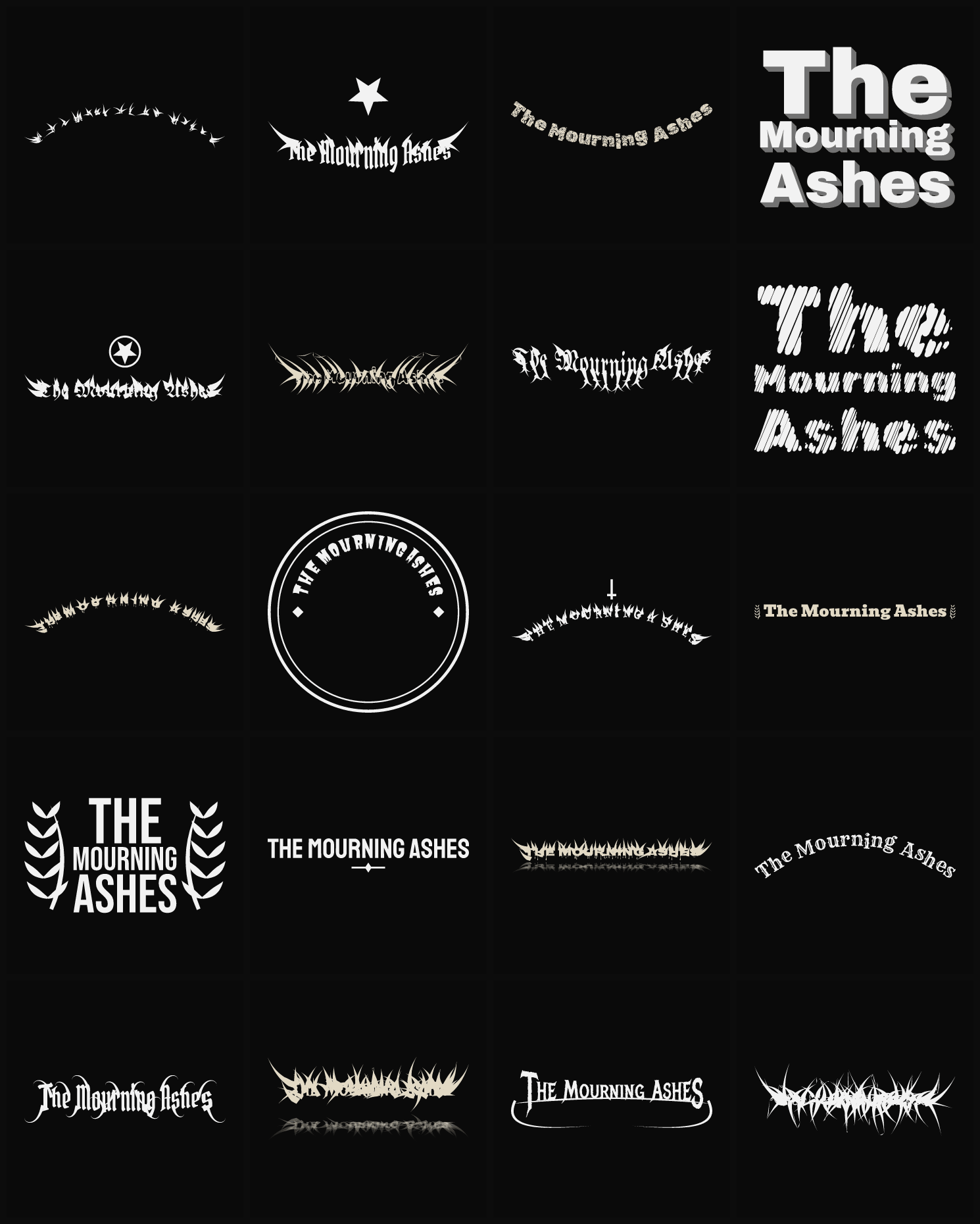 Twenty The Mourning Ashes band logo ideas — different faces, treatments and spike settings