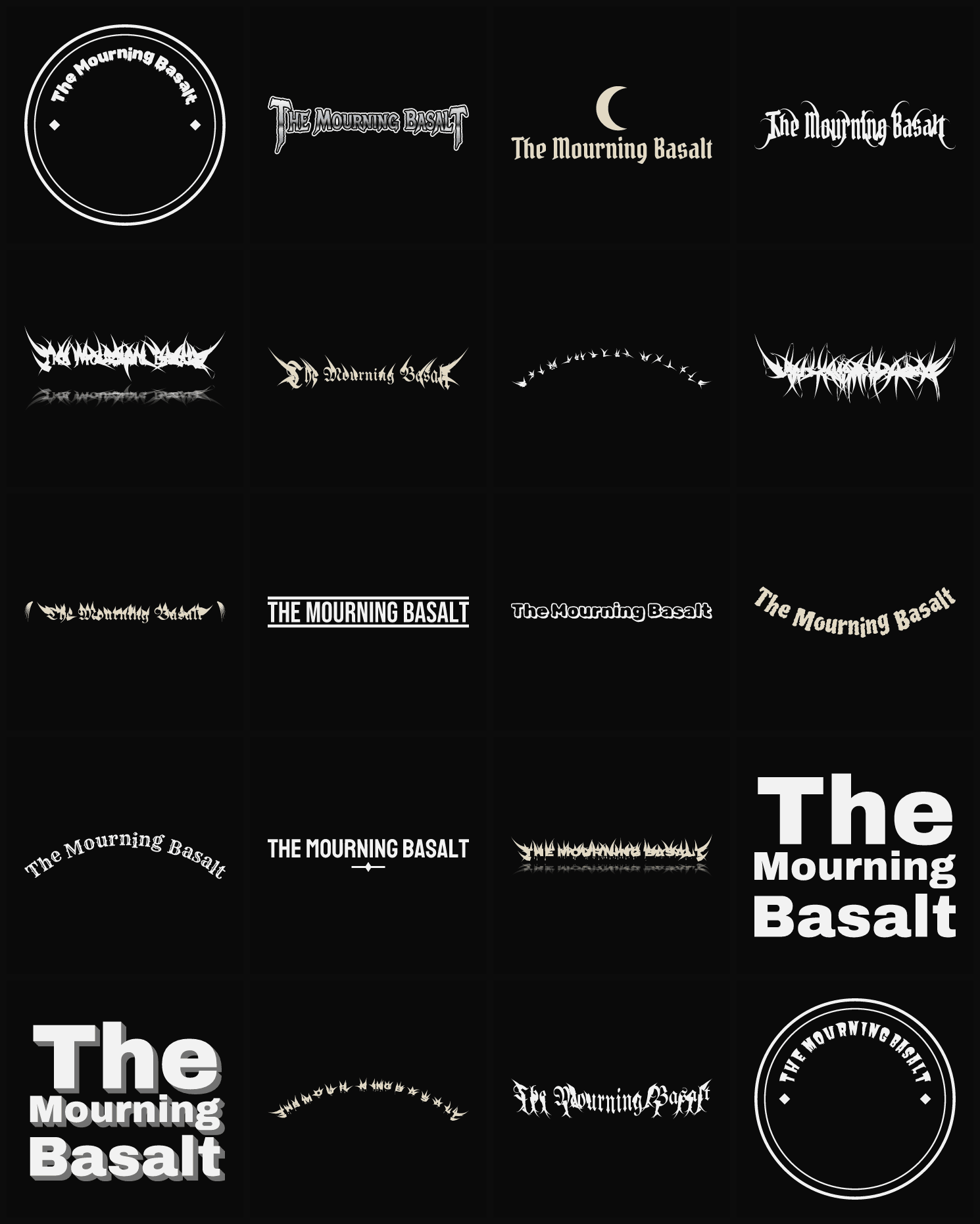 Twenty The Mourning Basalt band logo ideas — different faces, treatments and spike settings