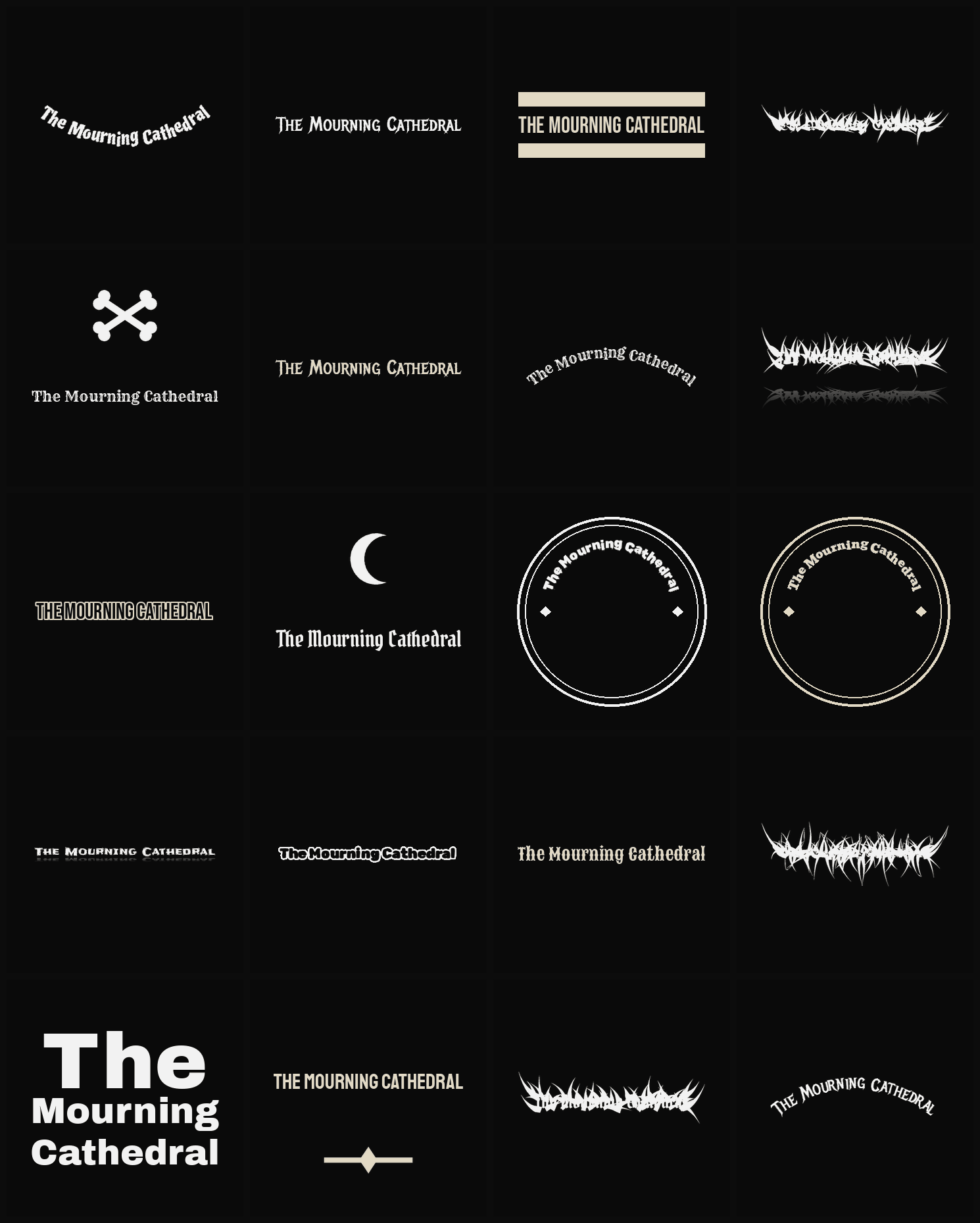 Twenty The Mourning Cathedral band logo ideas — different faces, treatments and spike settings