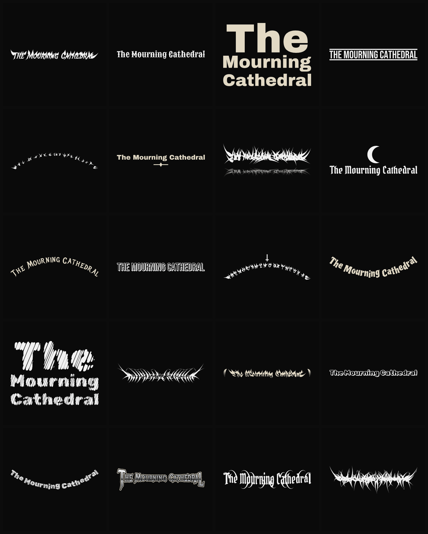 Twenty The Mourning Cathedral band logo ideas — different faces, treatments and spike settings
