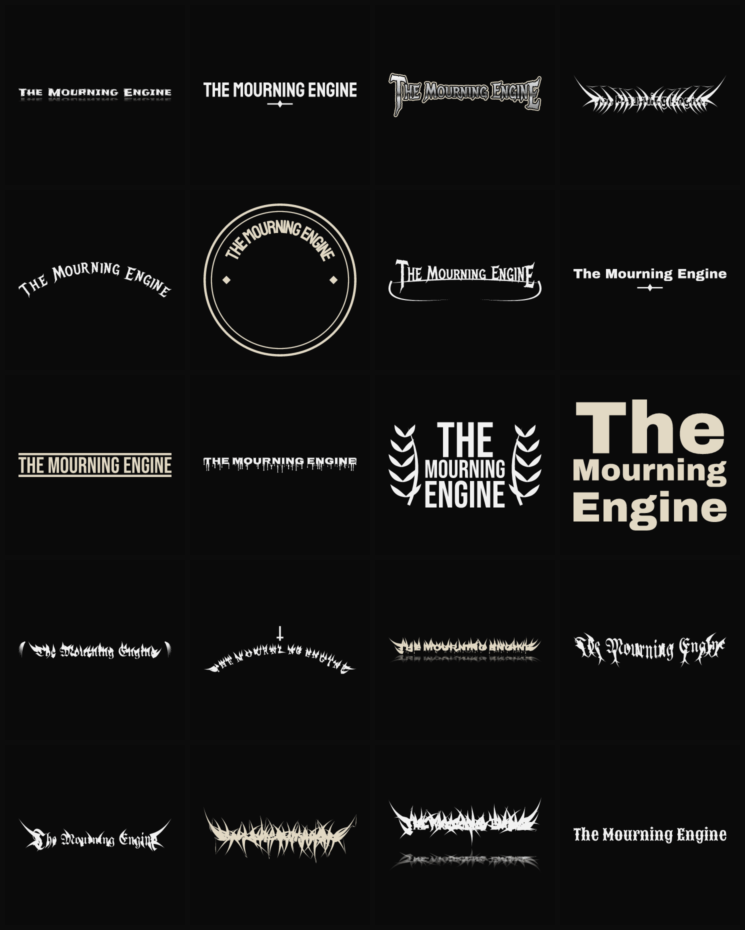 Twenty The Mourning Engine band logo ideas — different faces, treatments and spike settings