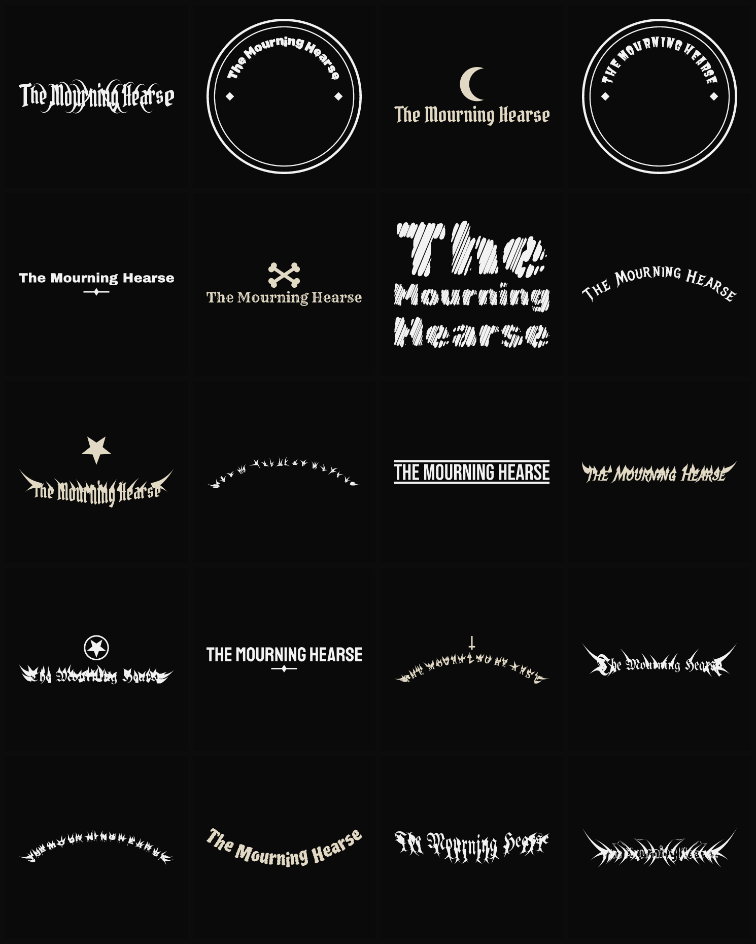 Twenty The Mourning Hearse band logo ideas — different faces, treatments and spike settings
