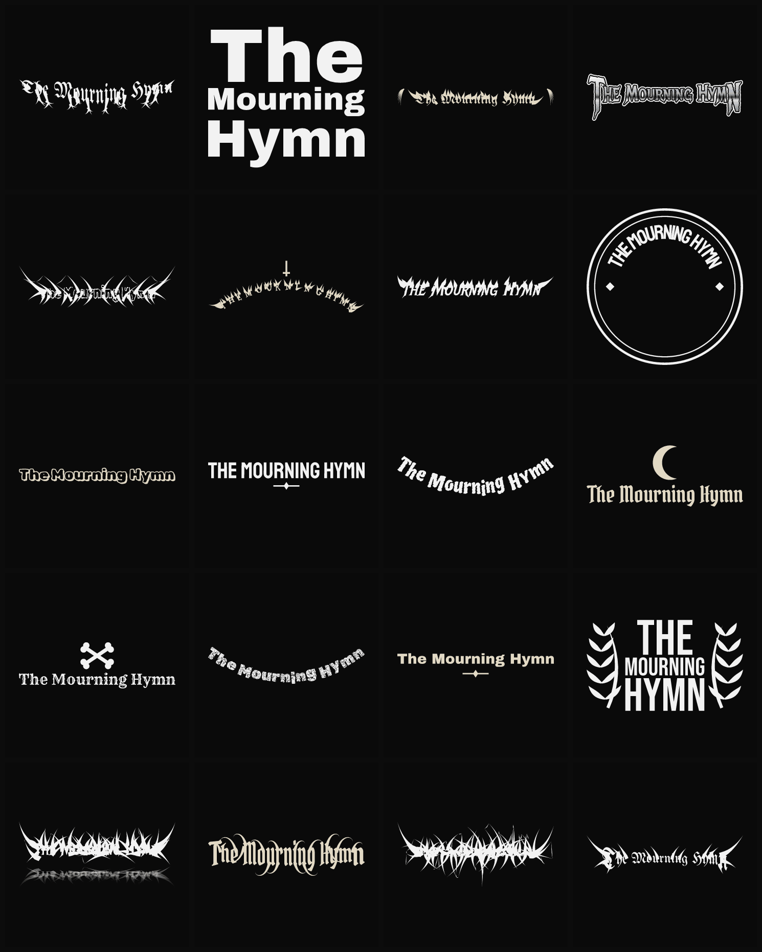 Twenty The Mourning Hymn band logo ideas — different faces, treatments and spike settings