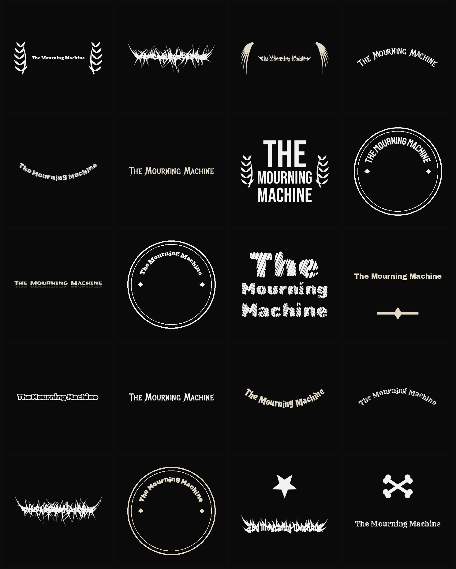 Twenty The Mourning Machine band logo ideas — different faces, treatments and spike settings