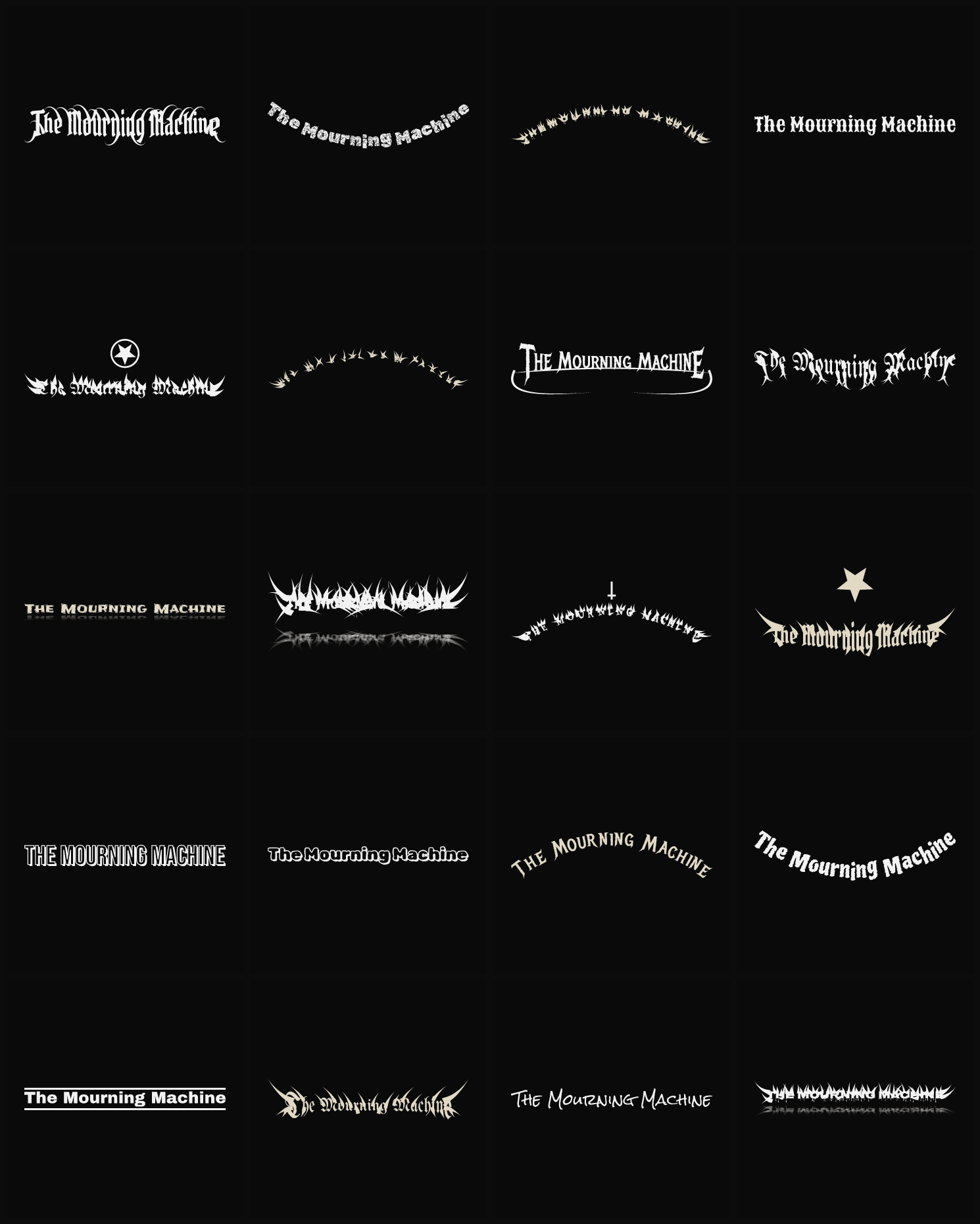 Twenty The Mourning Machine band logo ideas — different faces, treatments and spike settings