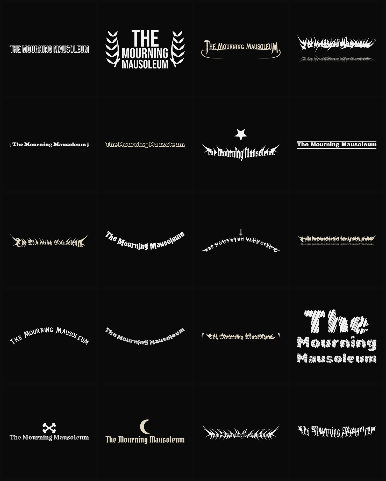 Twenty The Mourning Mausoleum band logo ideas — different faces, treatments and spike settings