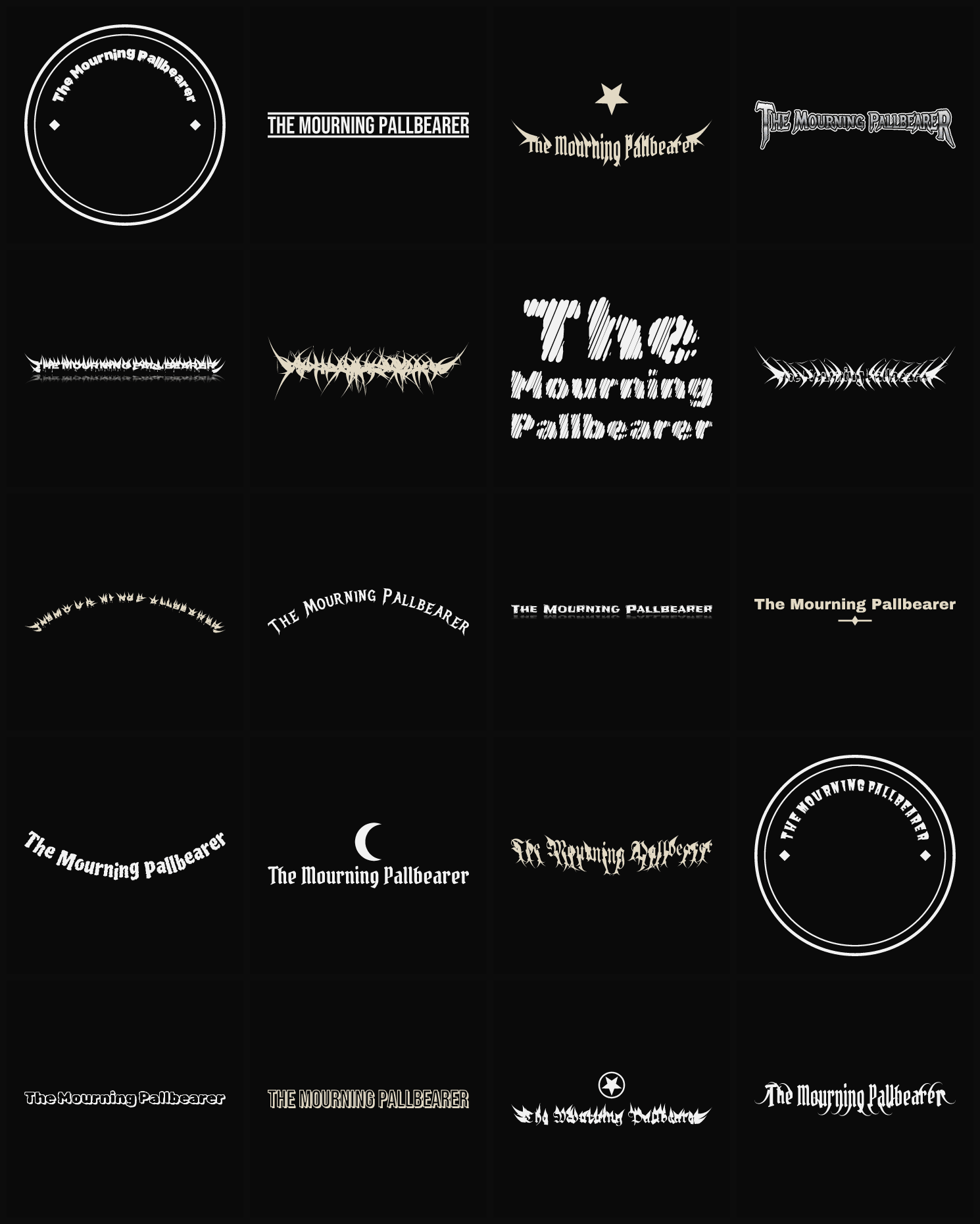 Twenty The Mourning Pallbearer band logo ideas — different faces, treatments and spike settings