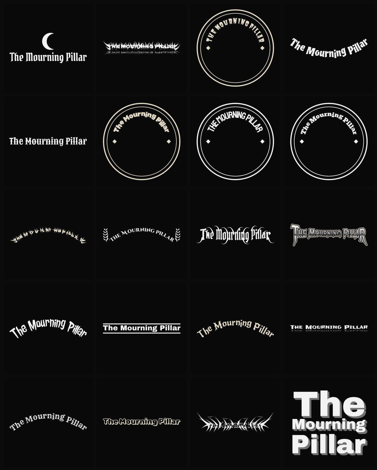 Twenty The Mourning Pillar band logo ideas — different faces, treatments and spike settings