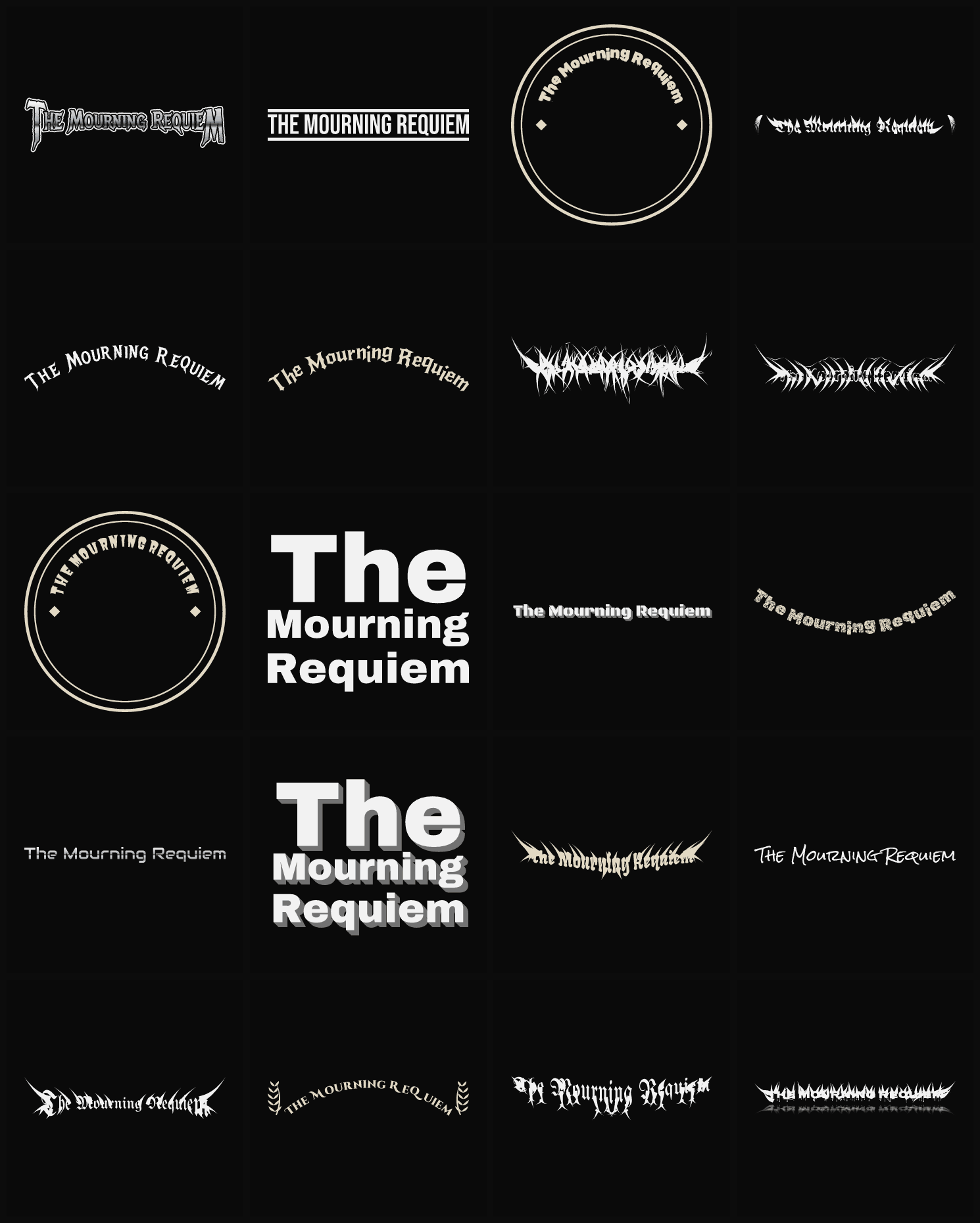 Twenty The Mourning Requiem band logo ideas — different faces, treatments and spike settings