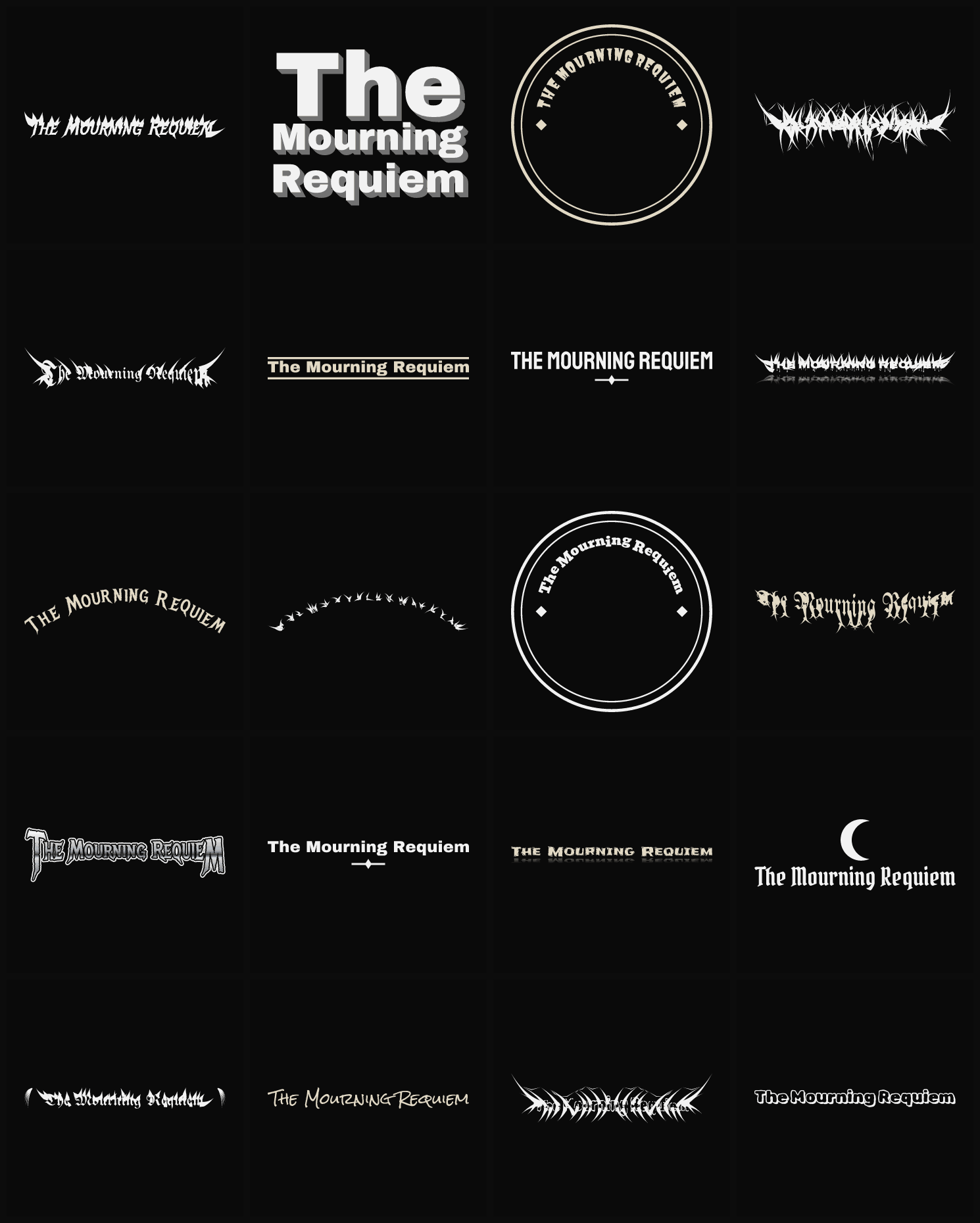 Twenty The Mourning Requiem band logo ideas — different faces, treatments and spike settings