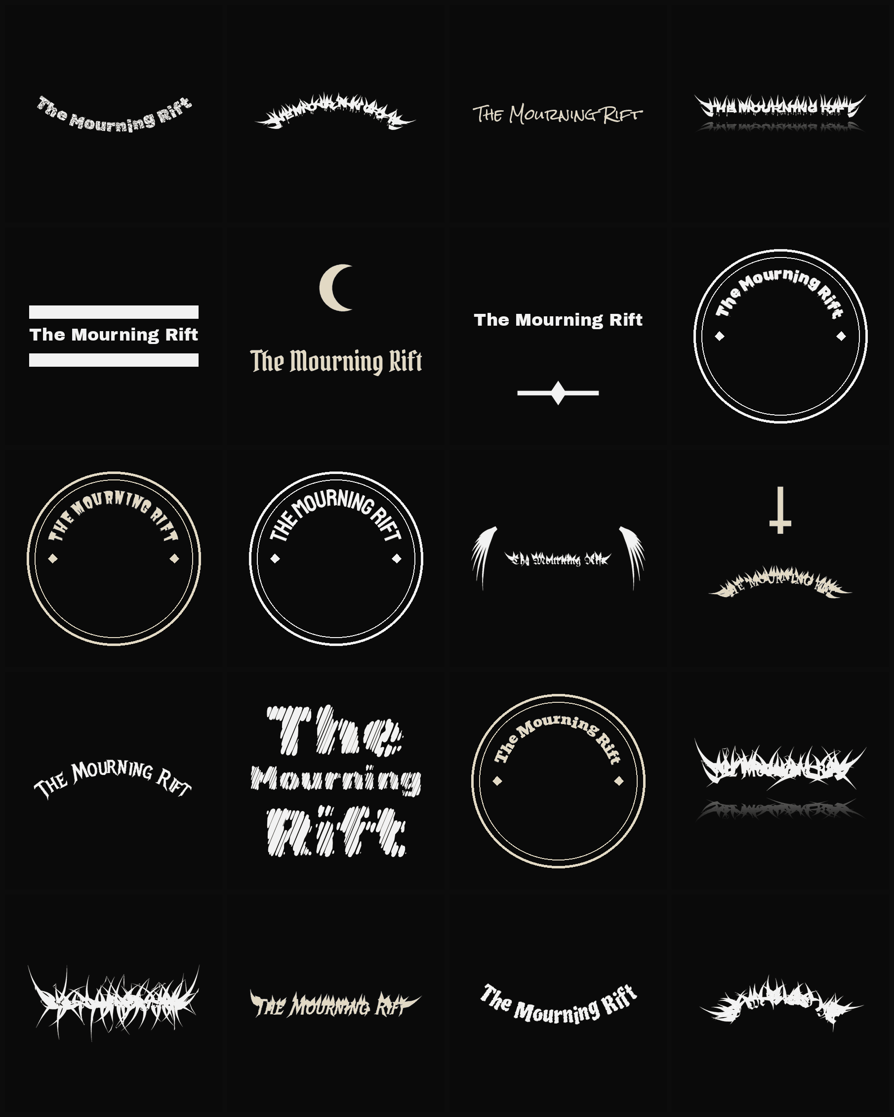 Twenty The Mourning Rift band logo ideas — different faces, treatments and spike settings