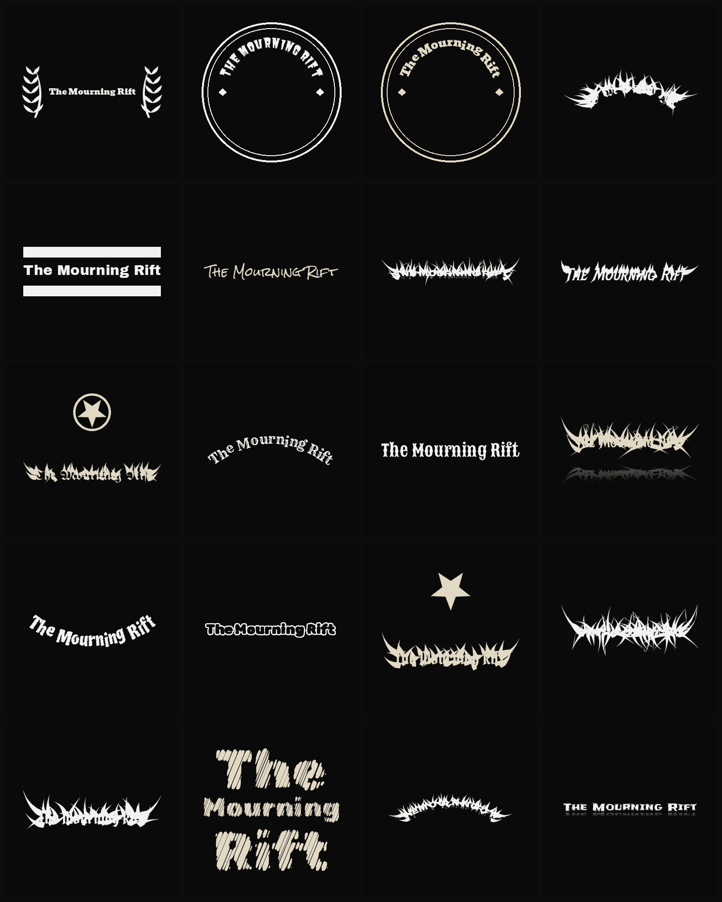 Twenty The Mourning Rift band logo ideas — different faces, treatments and spike settings