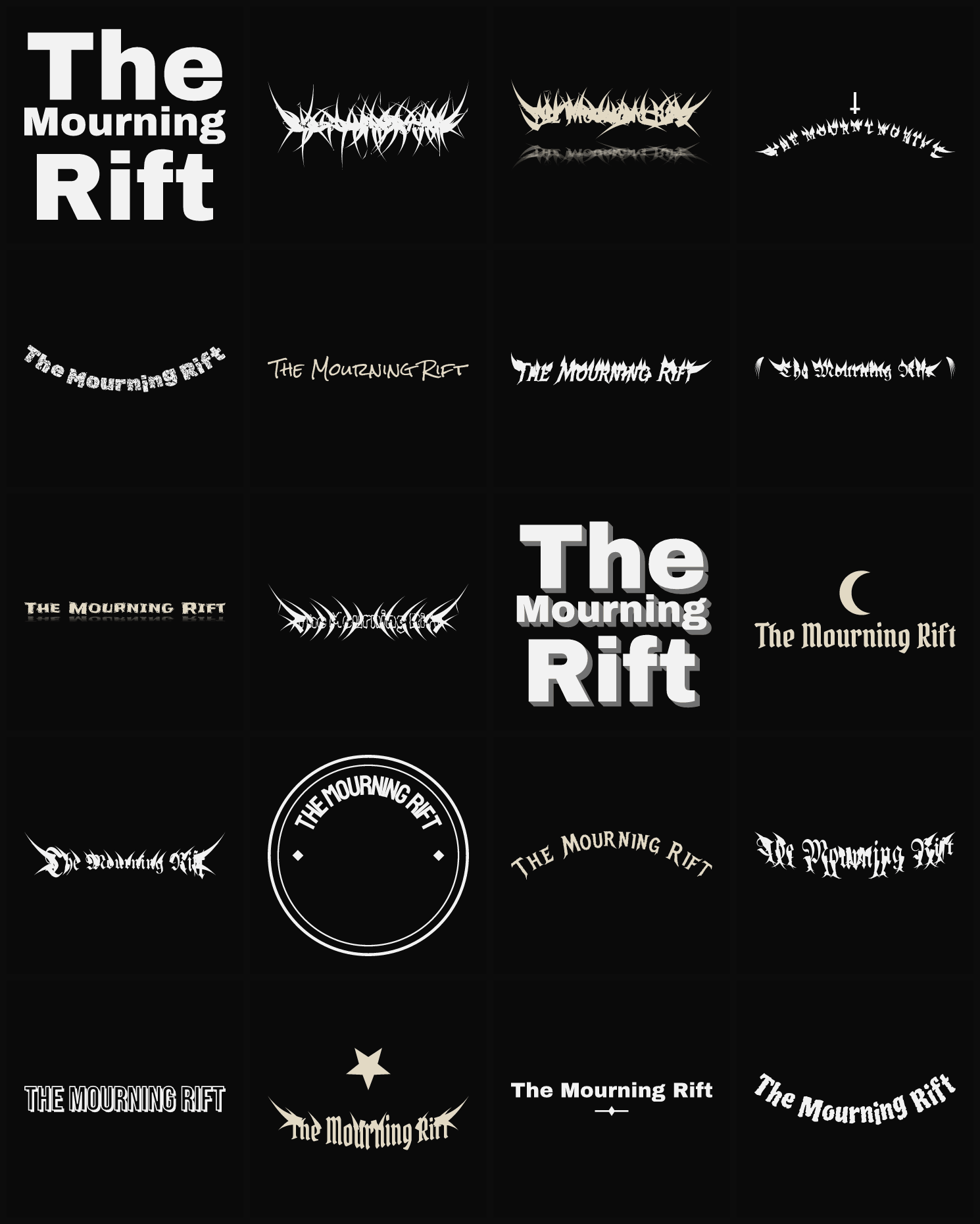 Twenty The Mourning Rift band logo ideas — different faces, treatments and spike settings