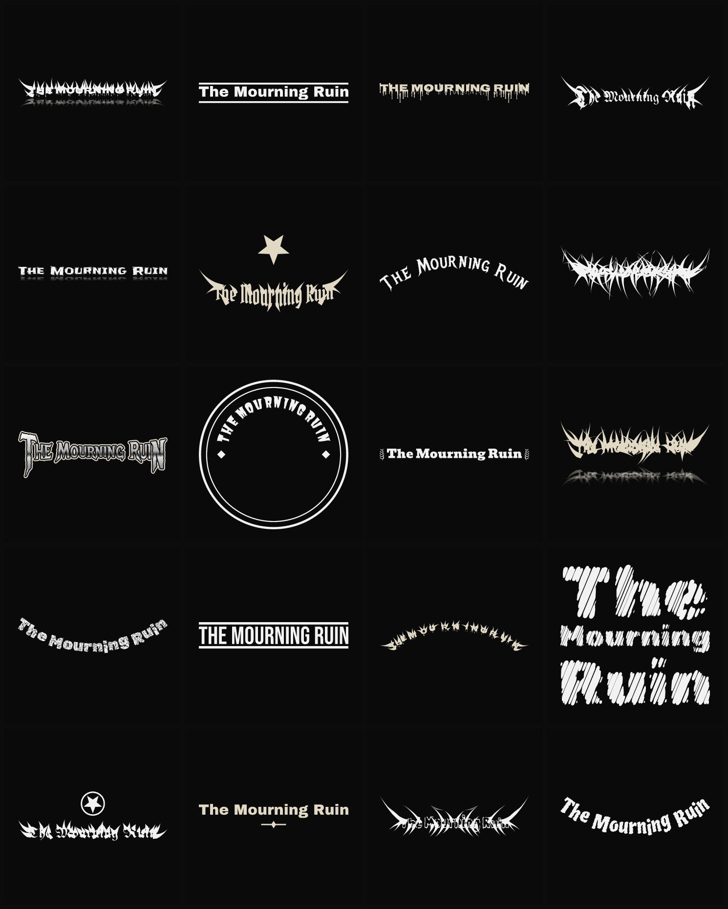 Twenty The Mourning Ruin band logo ideas — different faces, treatments and spike settings