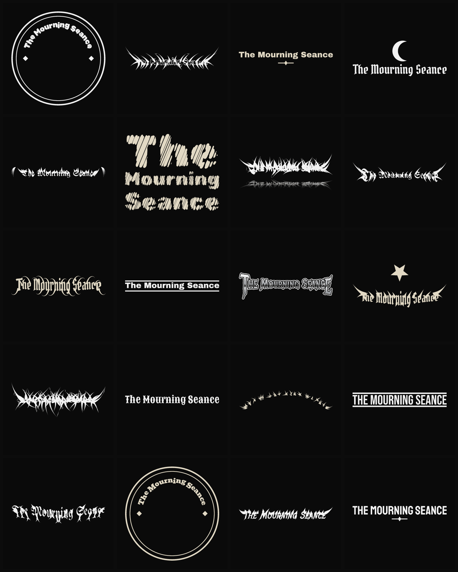 Twenty The Mourning Seance band logo ideas — different faces, treatments and spike settings