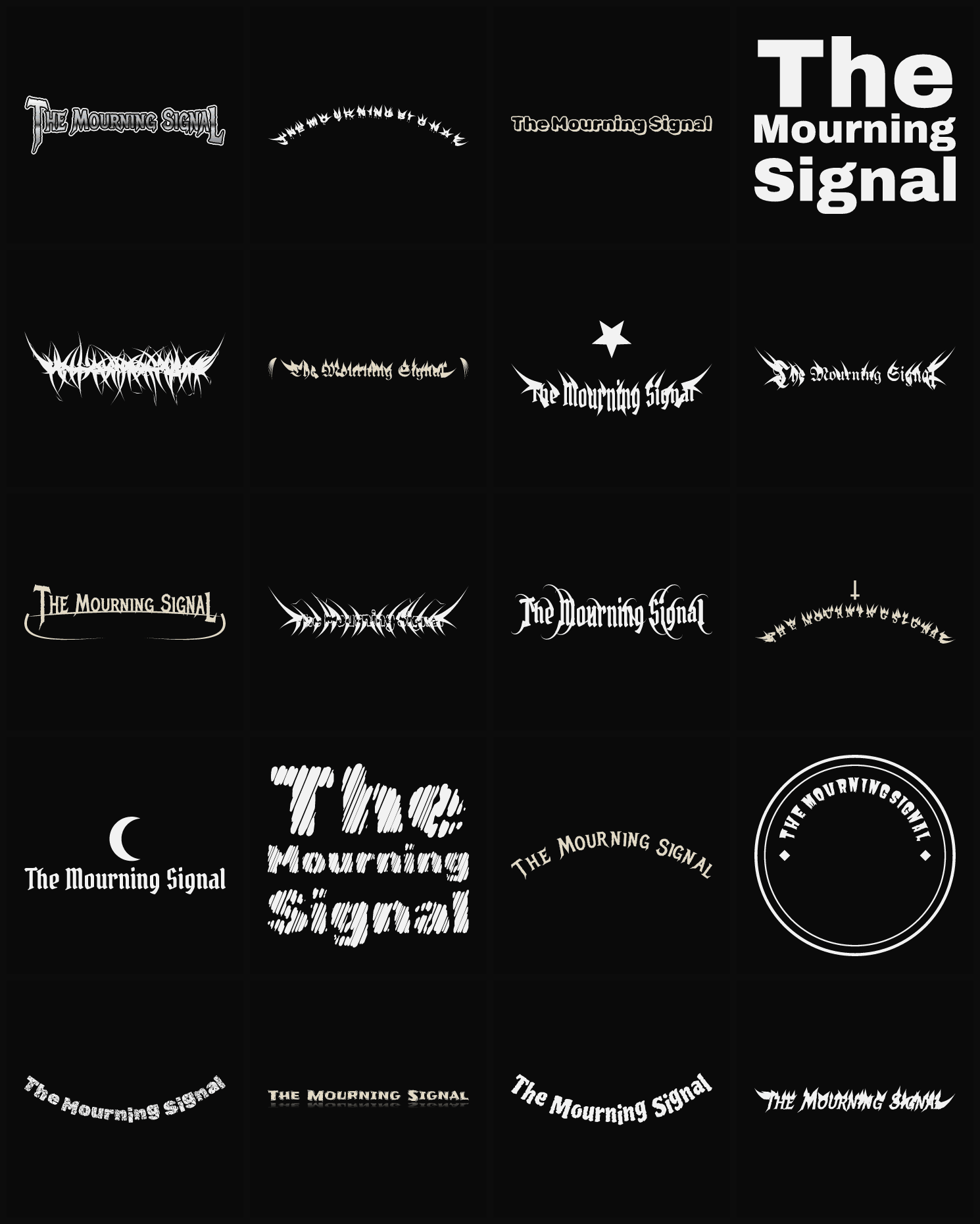 Twenty The Mourning Signal band logo ideas — different faces, treatments and spike settings