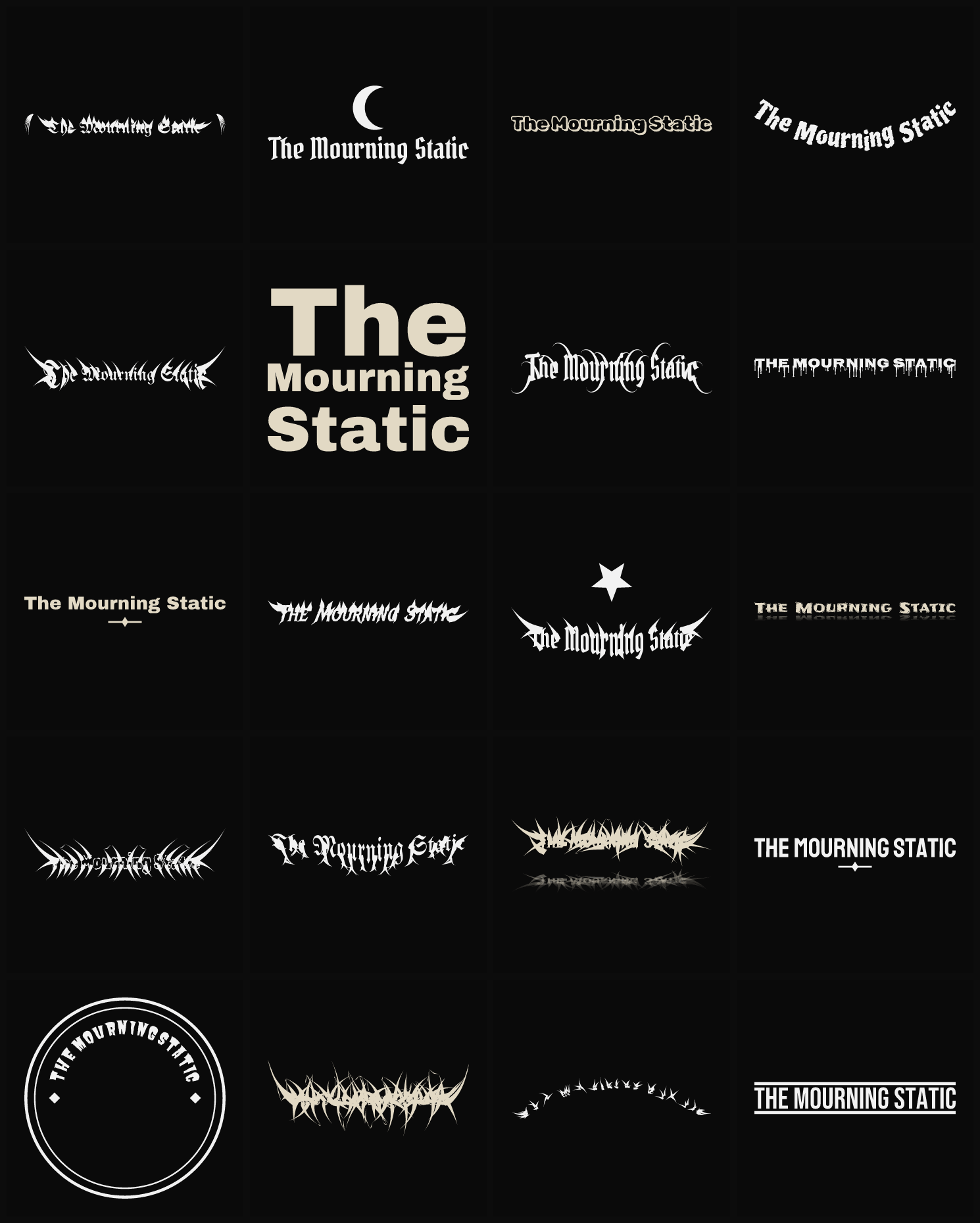 Twenty The Mourning Static band logo ideas — different faces, treatments and spike settings