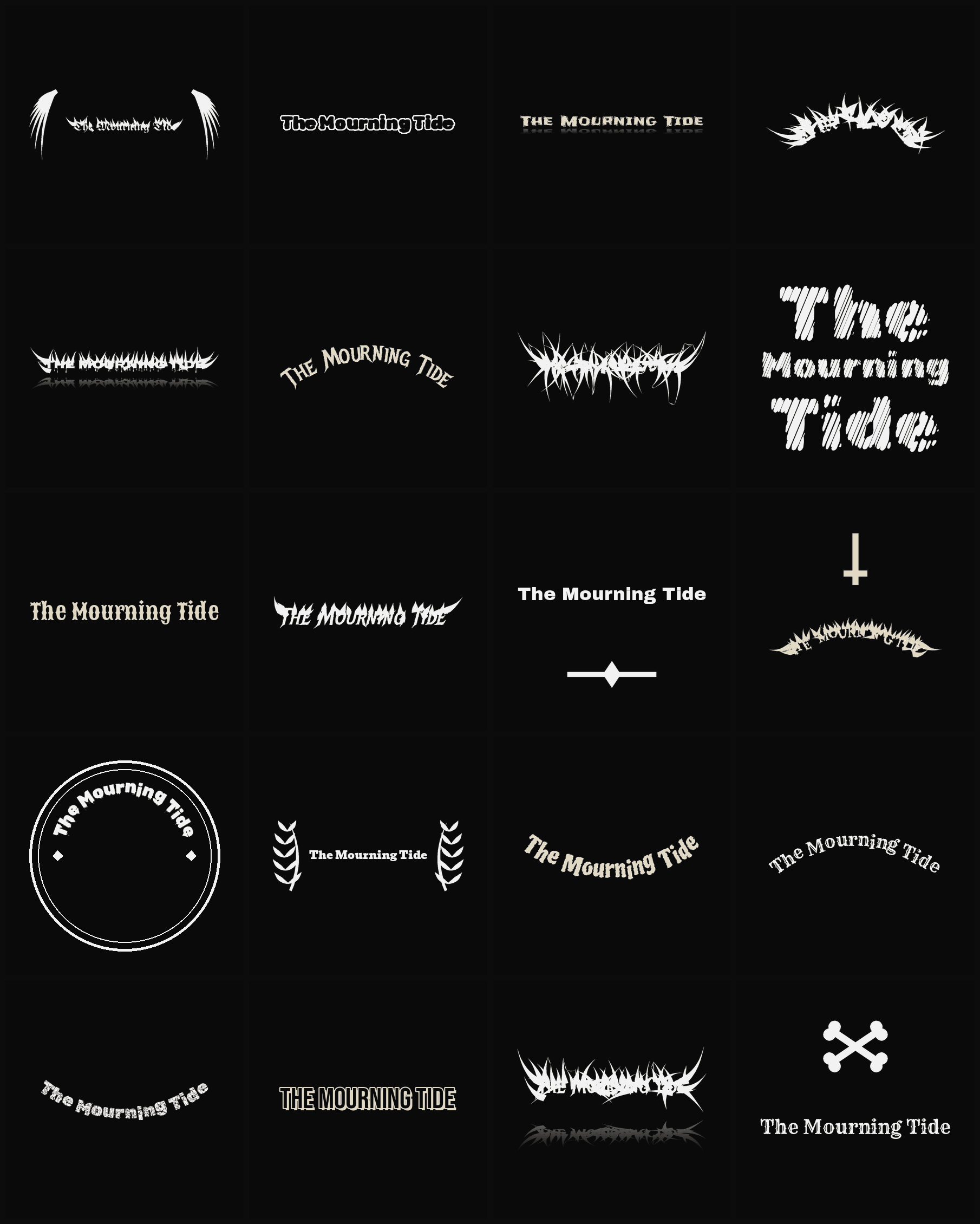 Twenty The Mourning Tide band logo ideas — different faces, treatments and spike settings