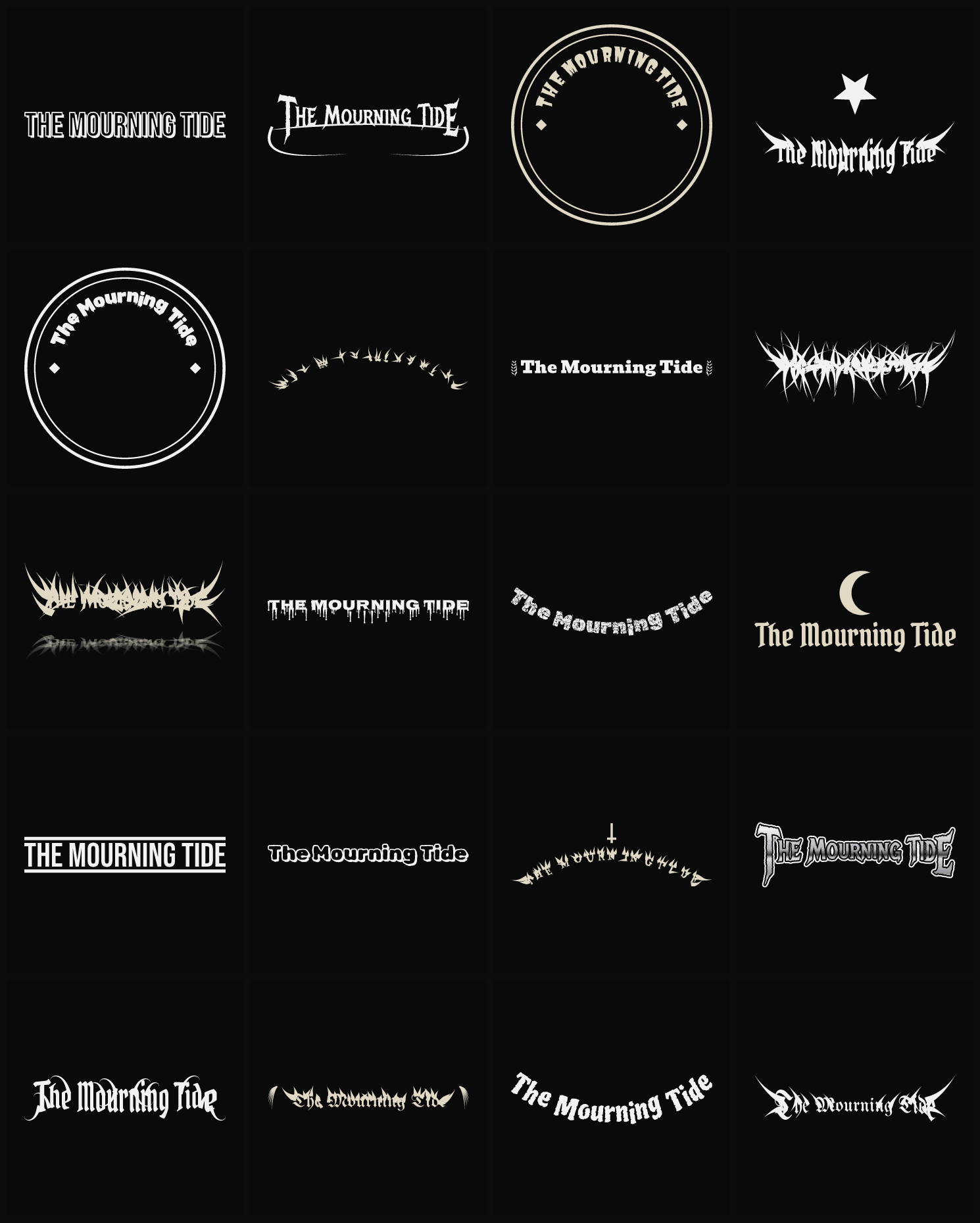Twenty The Mourning Tide band logo ideas — different faces, treatments and spike settings